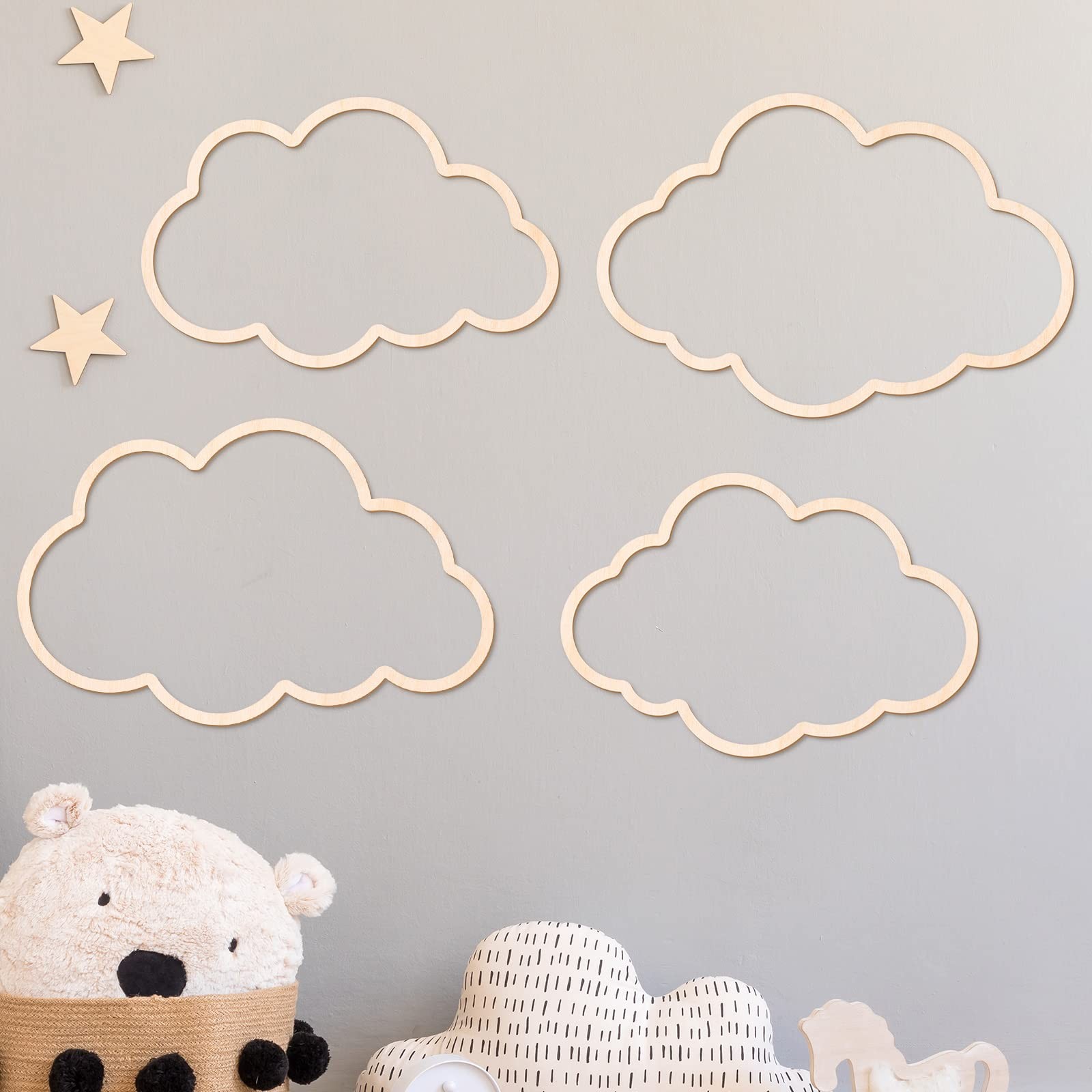 4 Pieces Boho Nursery Cloud Star Wall Decor Wooden Babyroom Moon Rattan Wall …