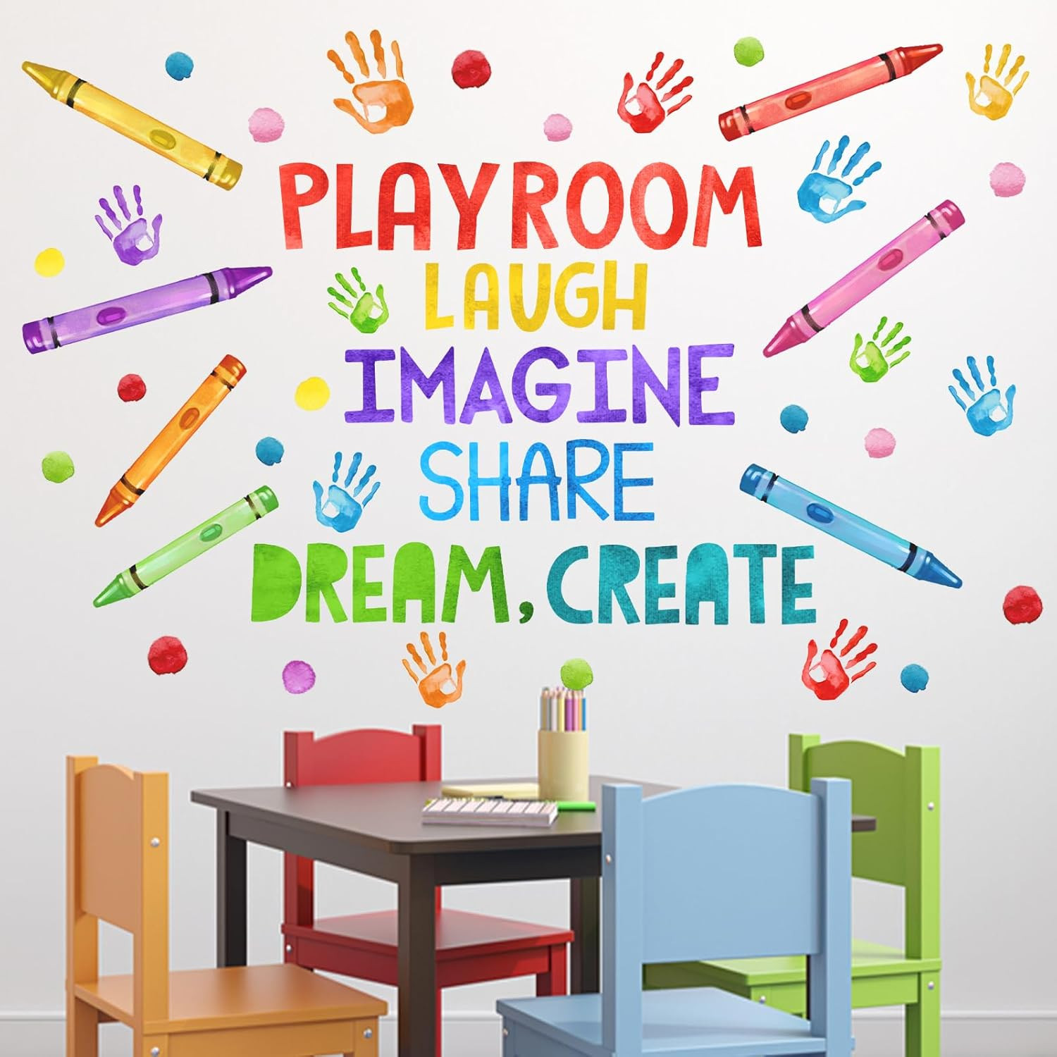 Playroom Wall Decals Stickers, Crayon Handprint Polka Dots Inspirational Quote N
