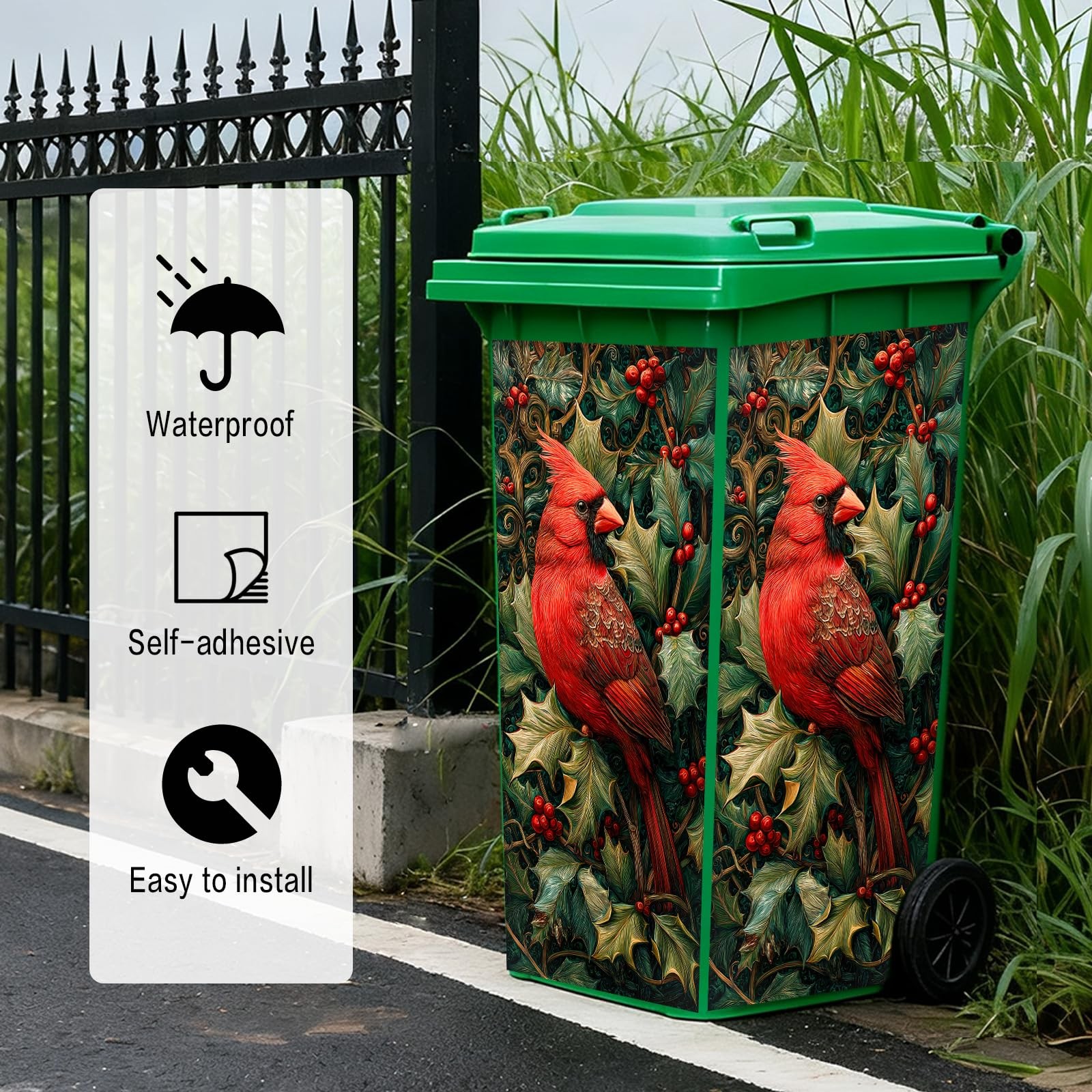 Red Cardinal in Holly Garbage Can Stickers, PVC, 14.57×32.28 Inches – Trash C…