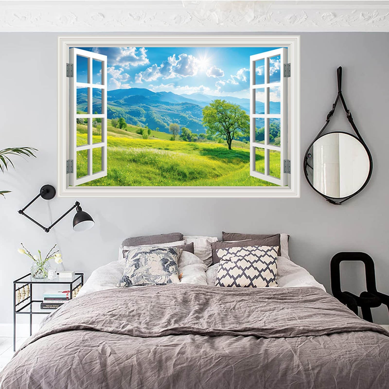Fake Window Wall Decals Green Mountain Forest Tree Faux Window Sticker Poster…