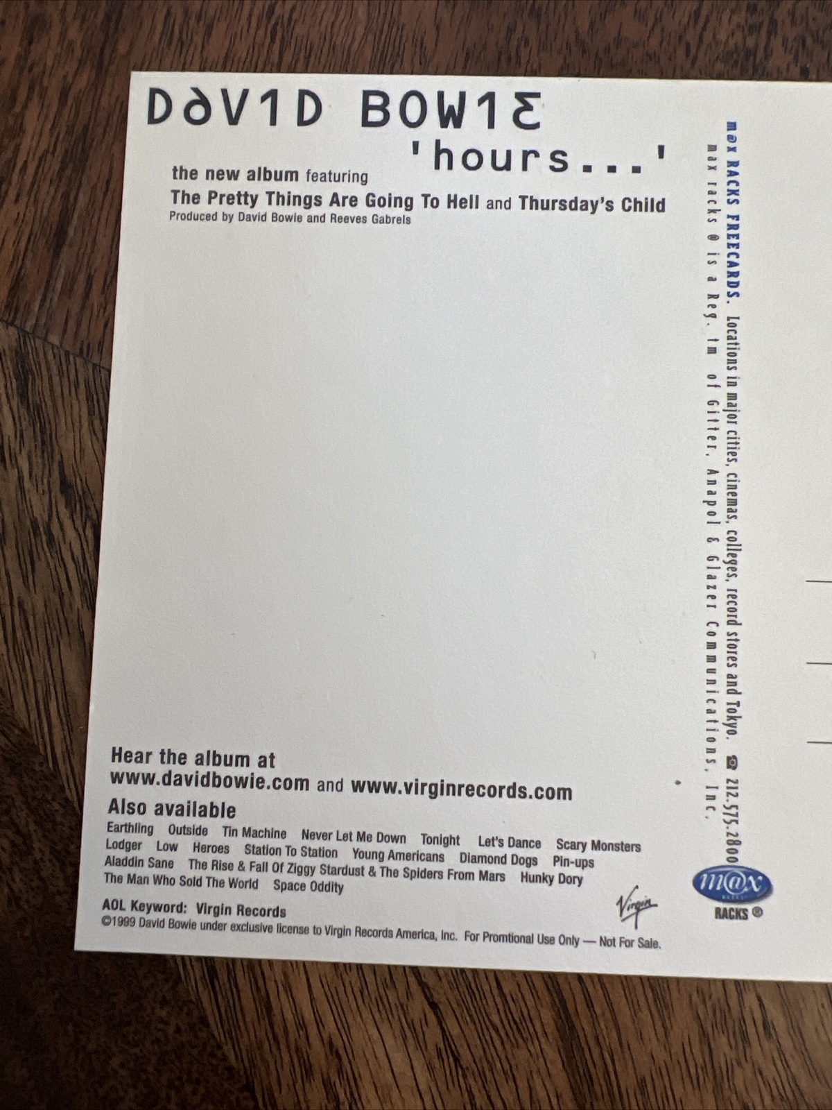 David Bowie Promo Postcard Tower Records Official Vintage 1999 Hours SHIPS FREE