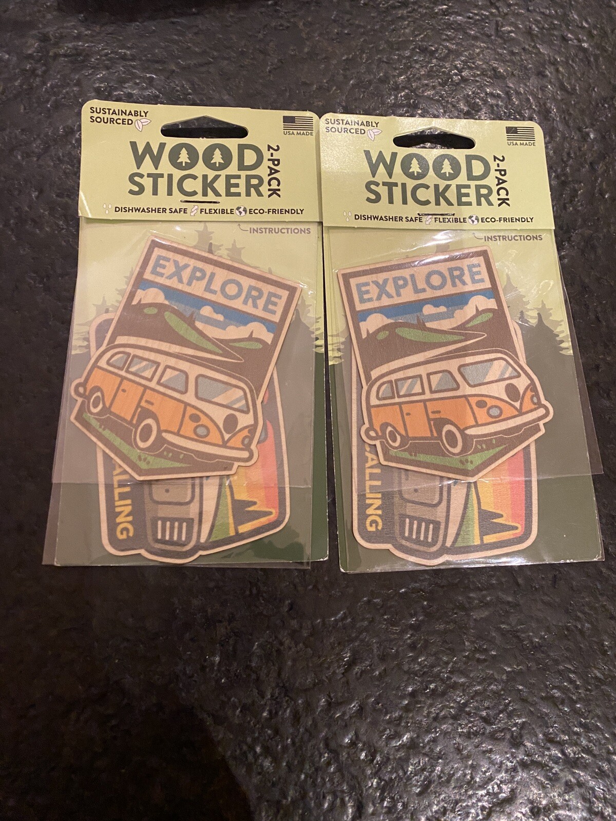 Sustainably Sourced Wood Sticker 2-Pack Retro Bus The Road Is Call 3M Decal USA