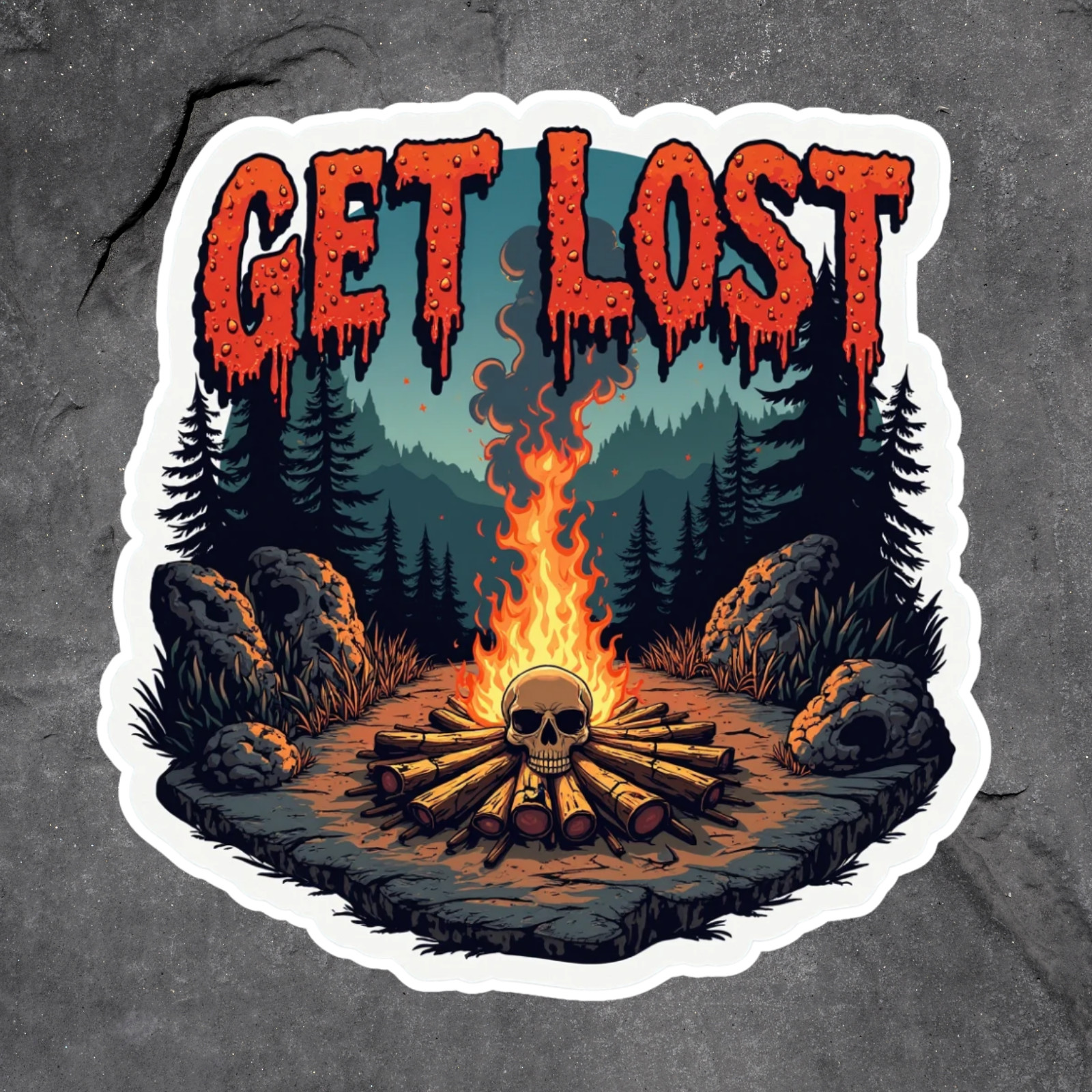 Get lost sticker vinyl decal camping fire skull flame forest horror