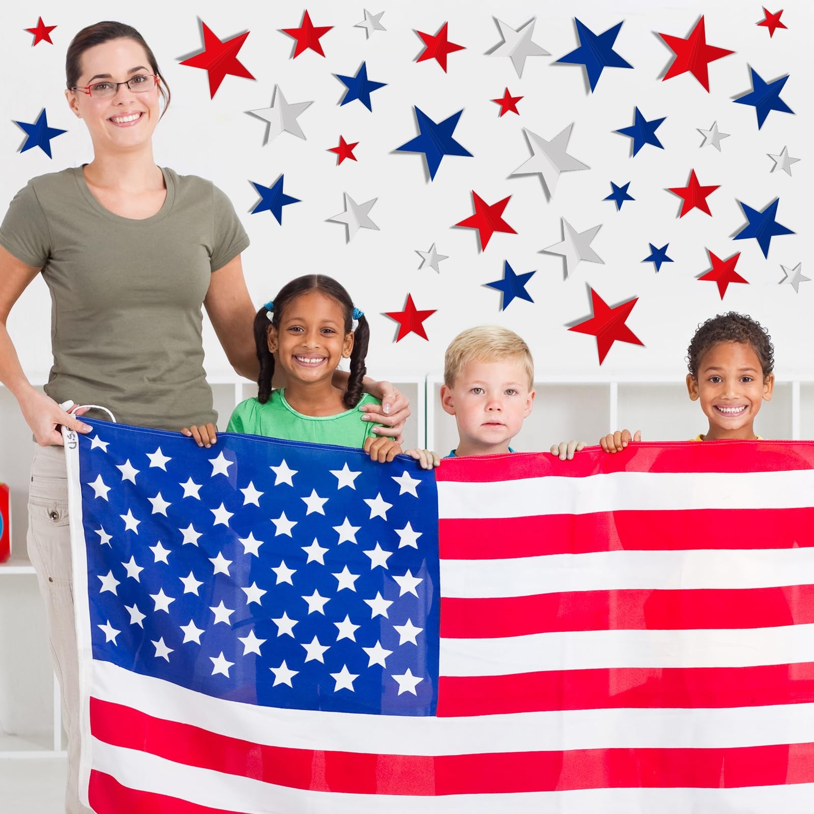 72Pcs 3D Patriotic Wall Stickers Red Blue White Star Window Decals 4th of July R