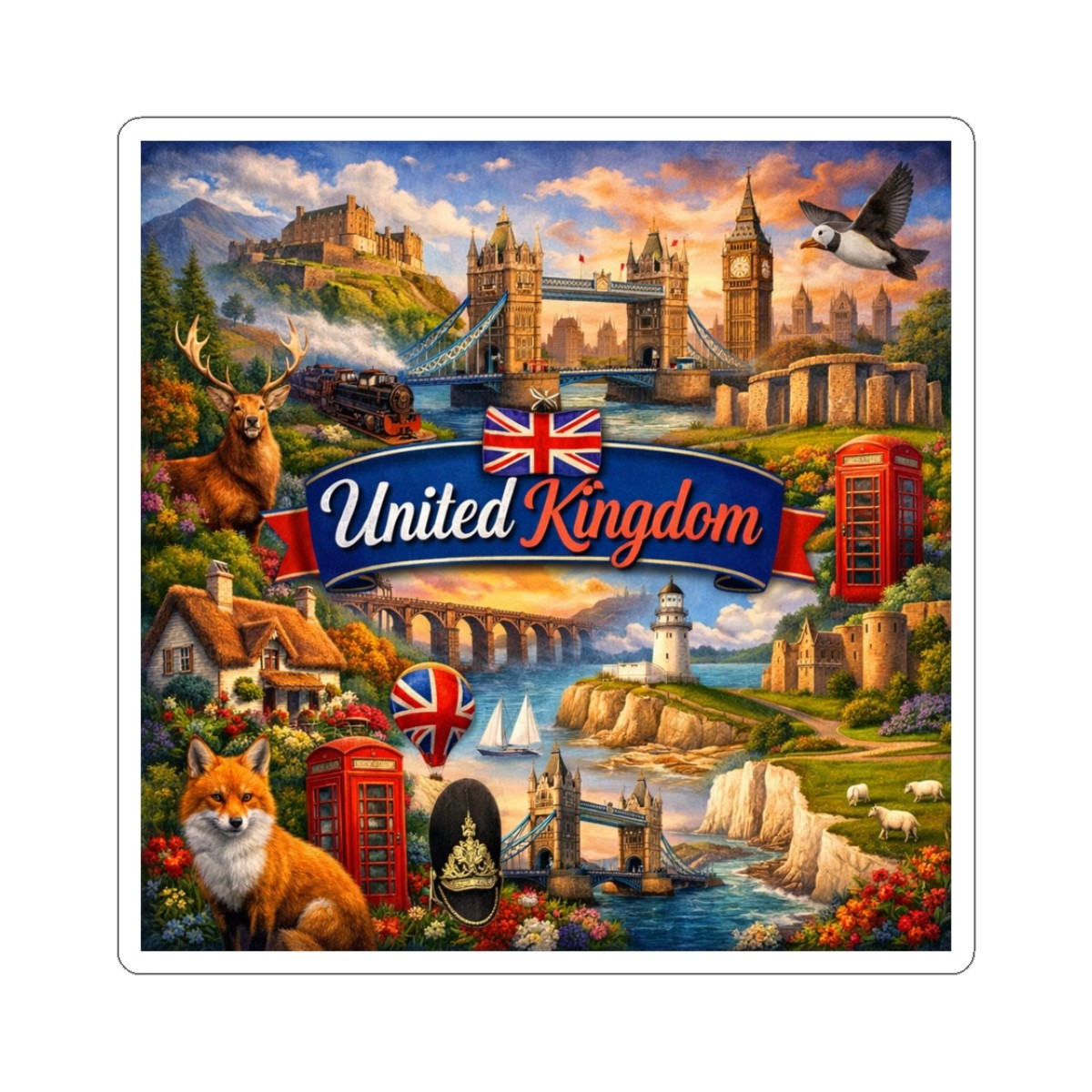 United Kingdom Sticker | London, fox, red phone booth, Big Ben