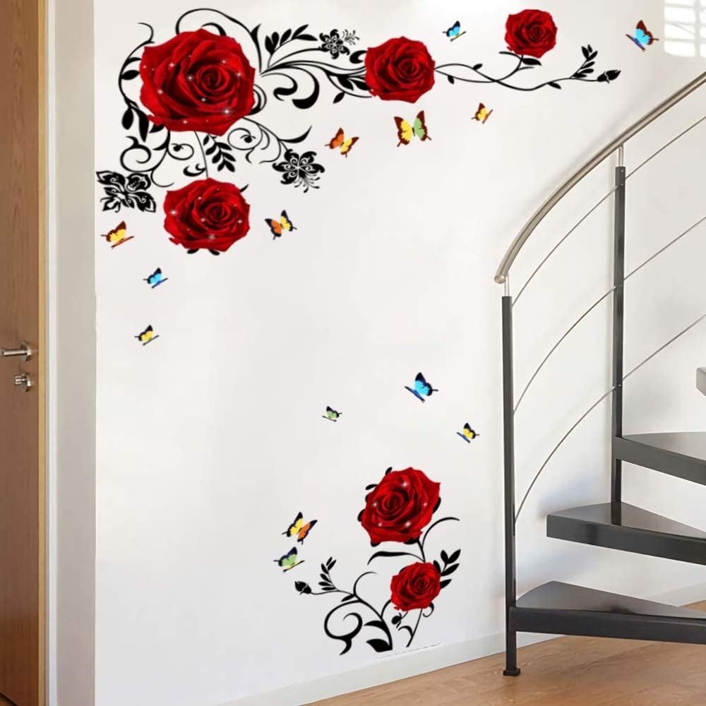 Red Rose Wall Stickers Floral Vinyl Decal for Bedroom Living Room Reusable