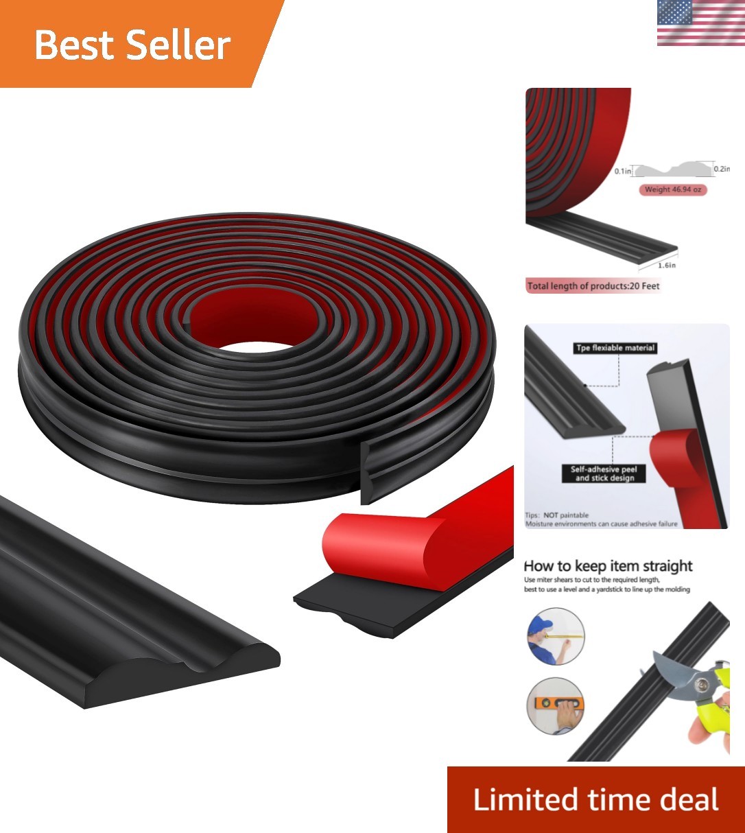 Elegant 20 Ft Black Wall Molding Trim – Perfect for Mirrors & Window Frames