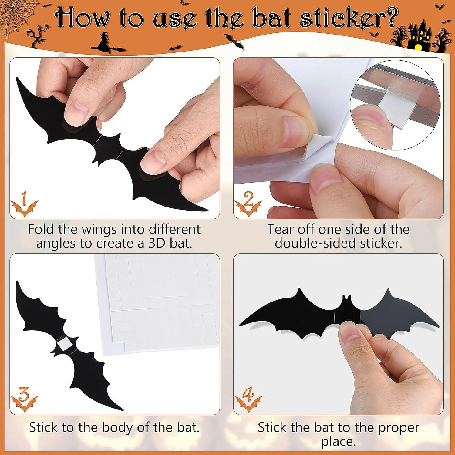120 Pcs 3D Bat Stickers Halloween Decorations for Home | 4 Size Scary Black Spoo