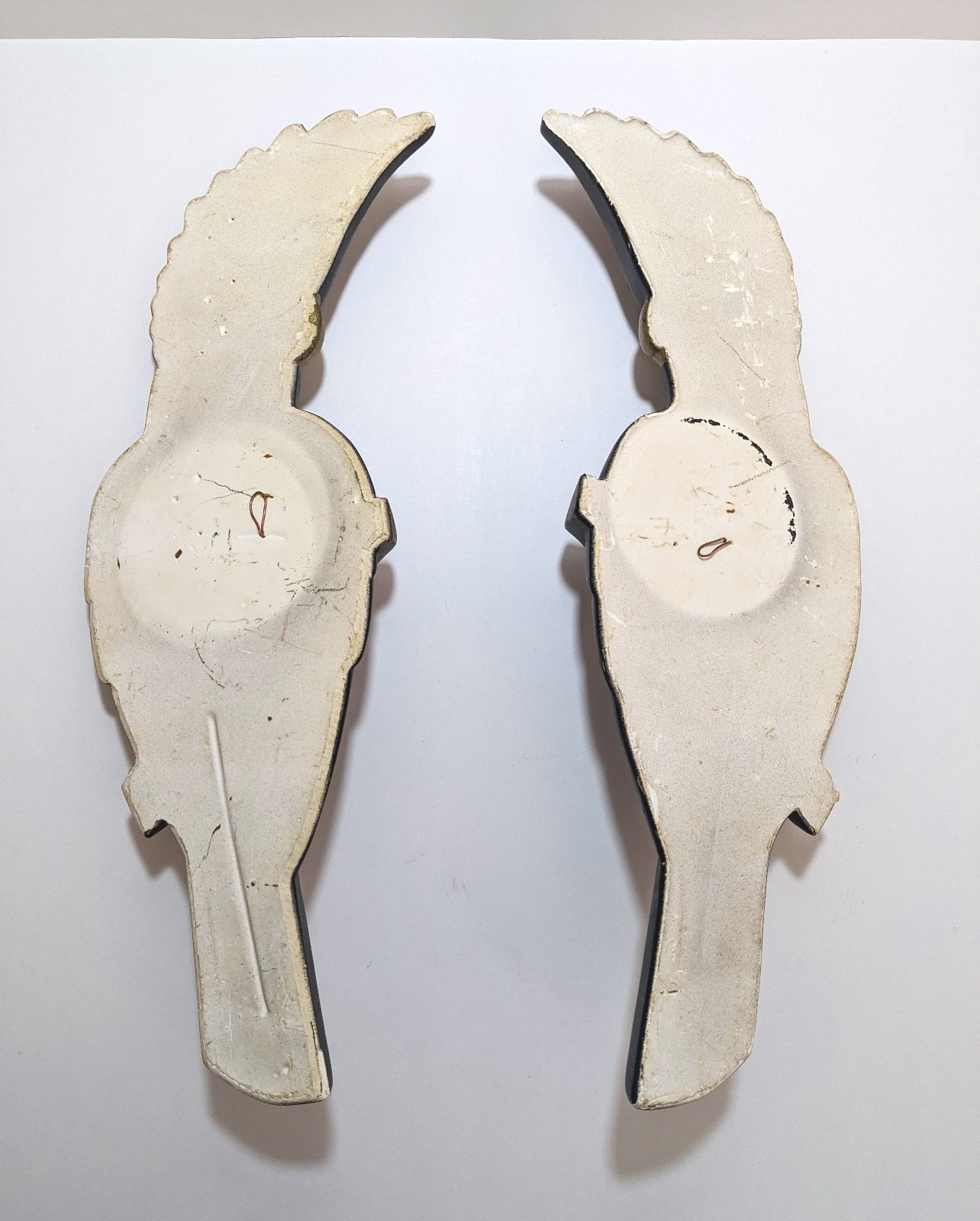 Vtg 1957 Miller Studio Chalkware Cockatoo Wall Plaques Pair Black Gold MCM Birds