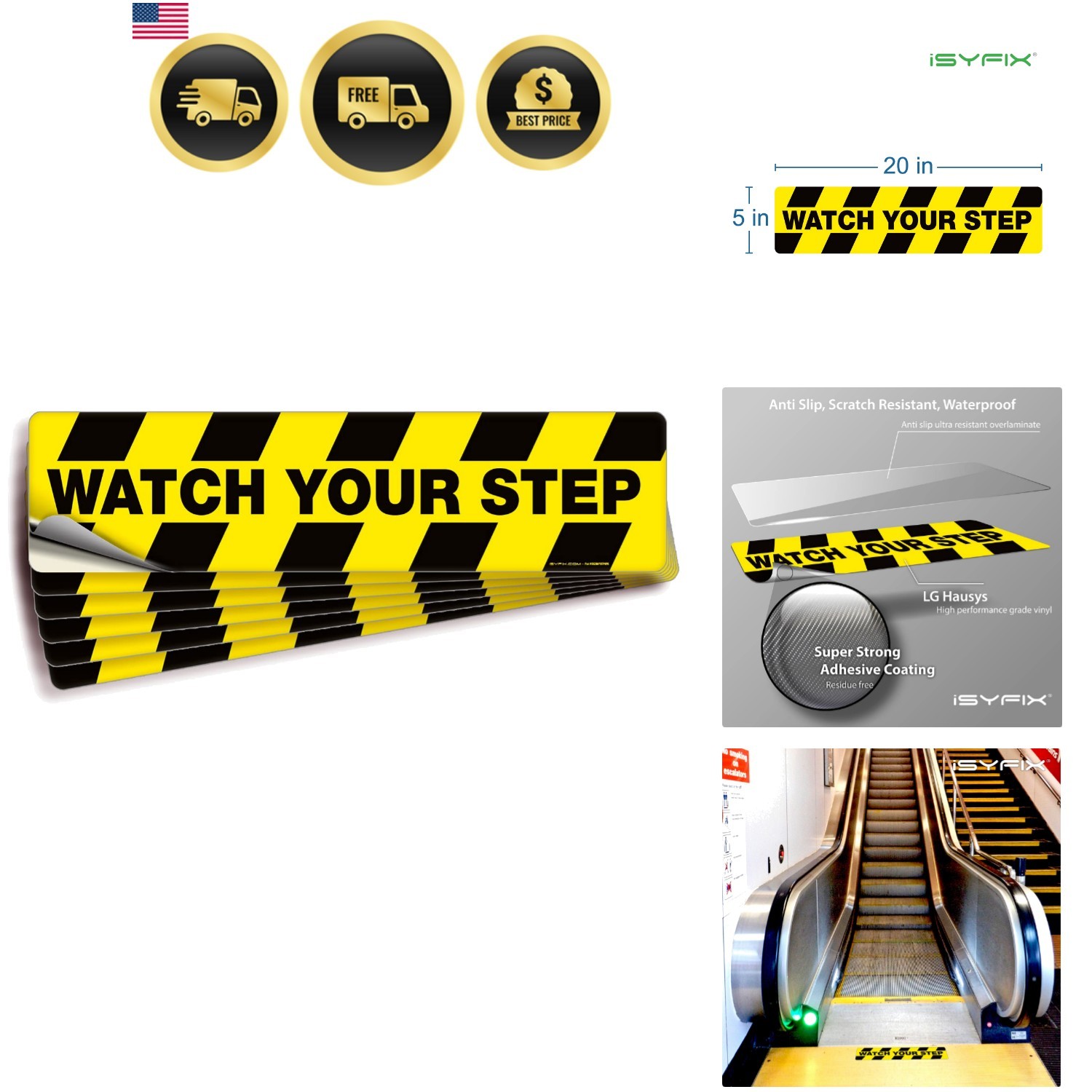 Watch Your Step Floor Decals Stickers – 6 Pack 20×5 Inch – Self-Adhesive Vin…