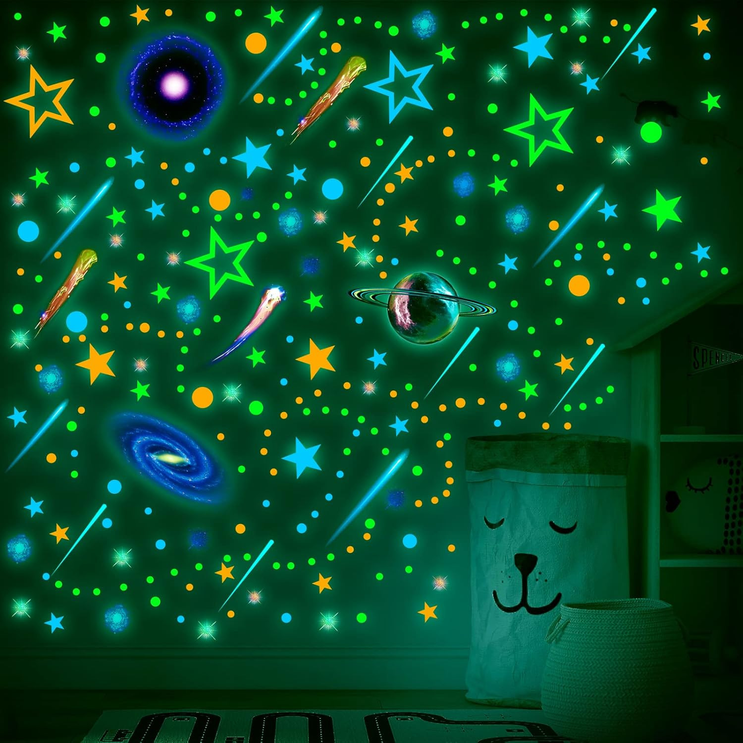 495 Pcs Glow in the Dark Moons and Stars Wall Decals for Ceiling,Glowing Planets
