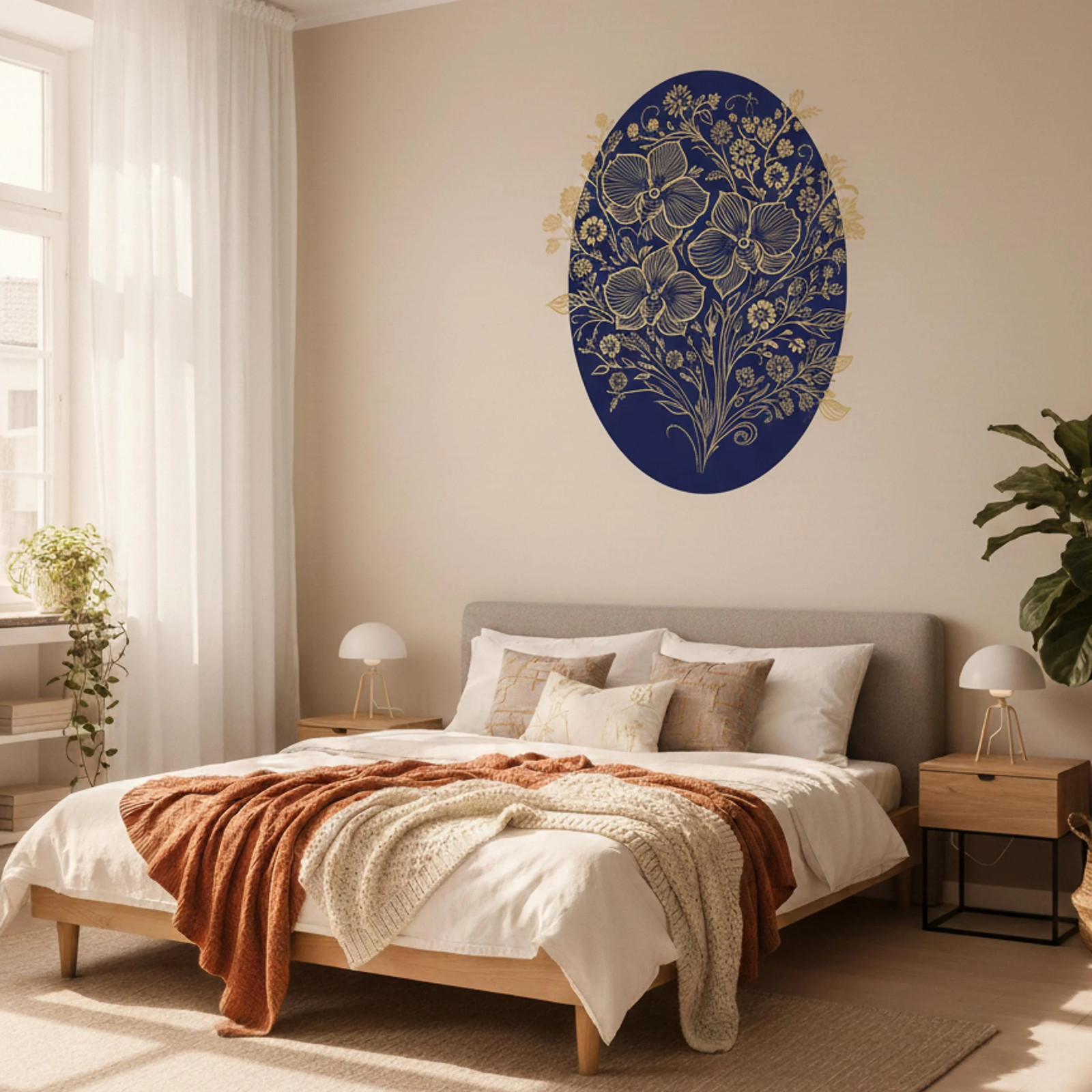 Gold Filigree Orchid Decal | Navy Blue Floral Mural