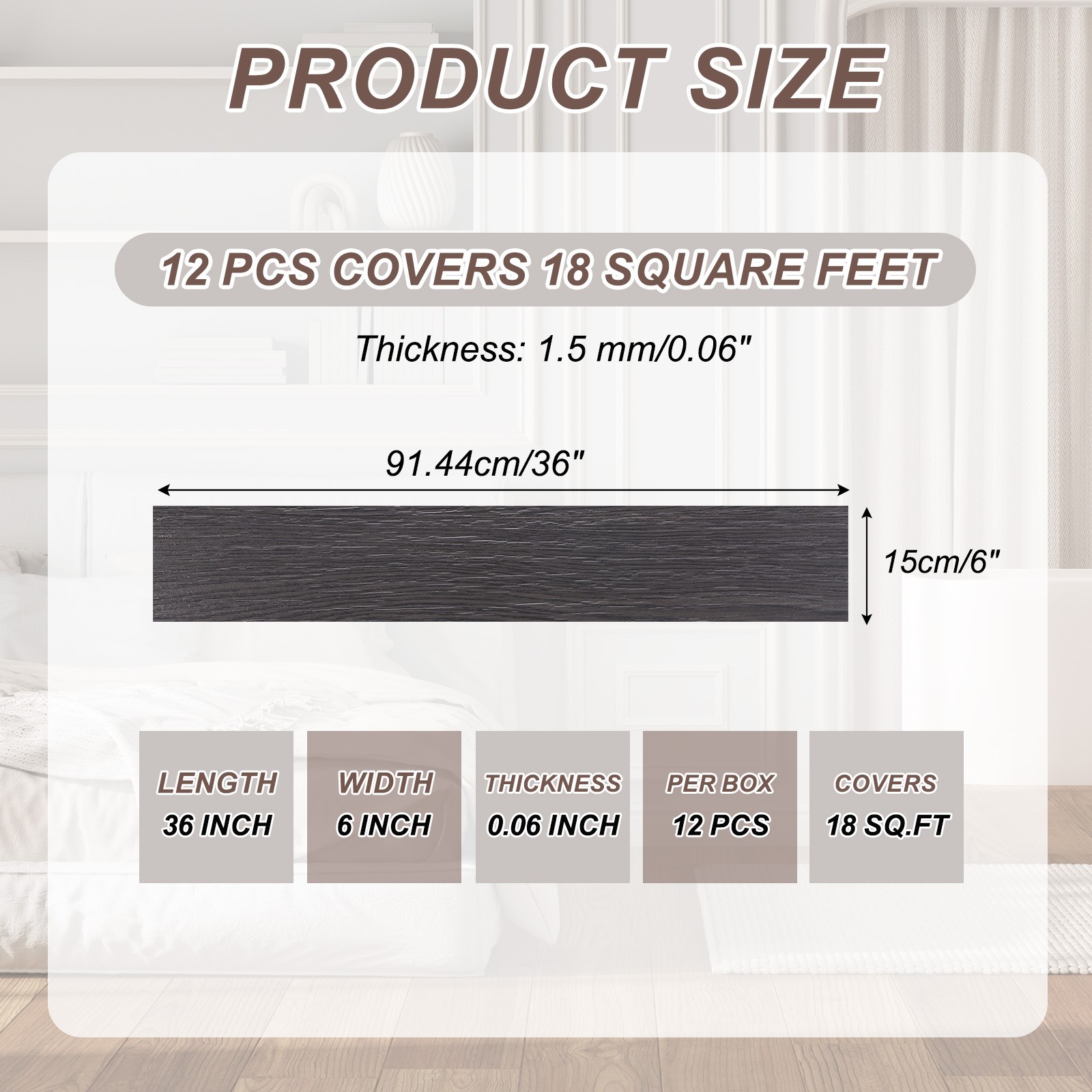 12pcs 36×6" Wood Effect PVC Floor Adhesive Tiles, Brown