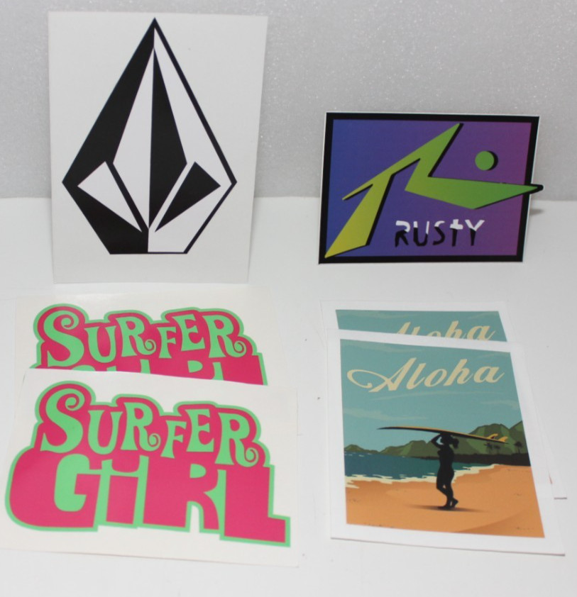 LOT OF 6 HAWAII SURFING STICKERS SURFER GIRL ALOHA RUSTY VOLCOM SURF SHOP