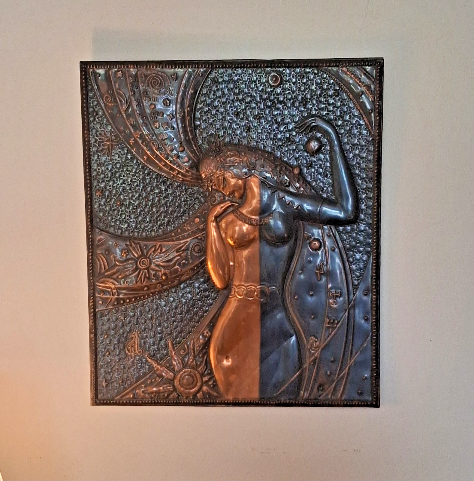 Art Deco Style Copper Wall Plaque Female Figure Celestial Repoussé Panel