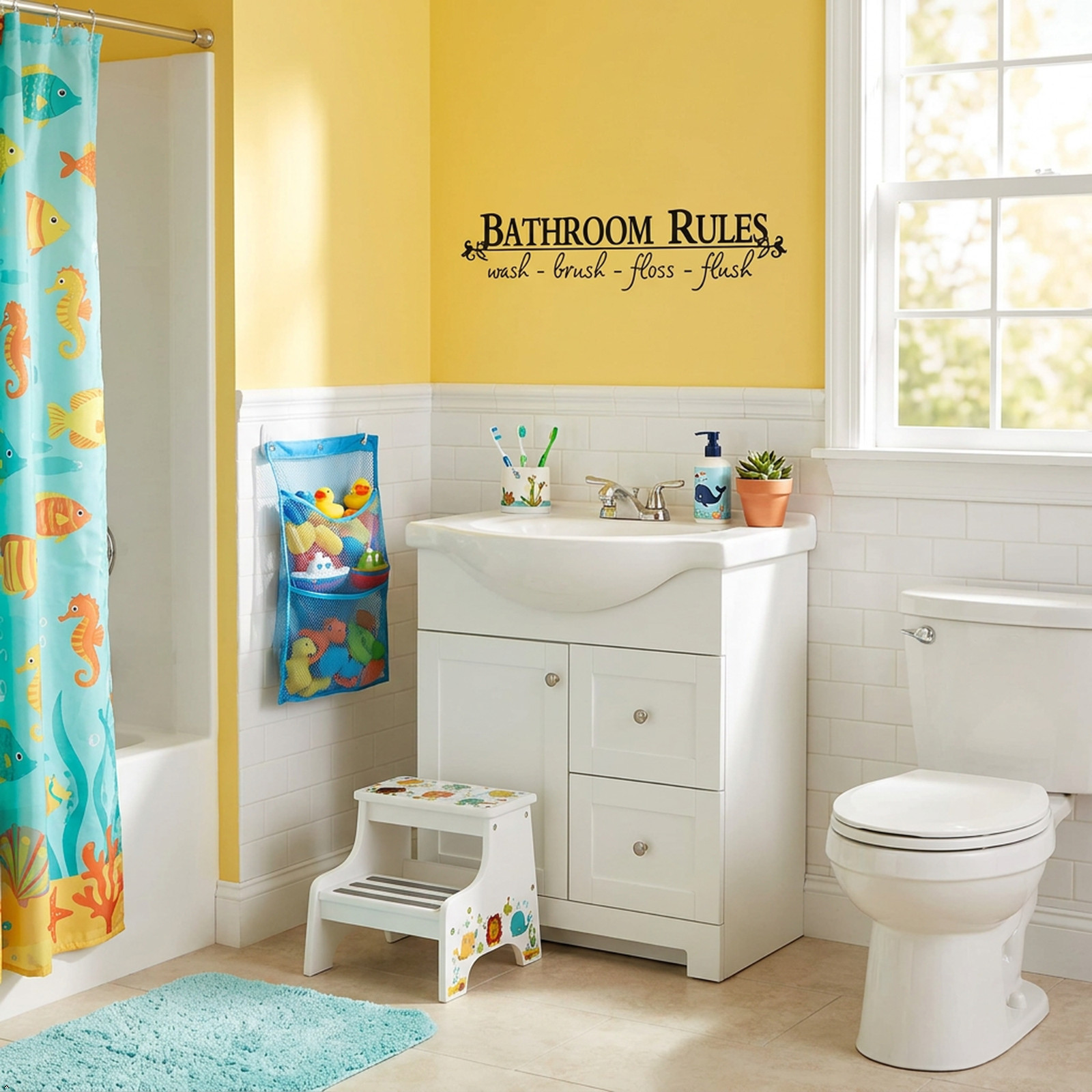 Bathroom Rules Wash Brush Floss Flush Quote Saying Wall Sticker Home Decal Decor