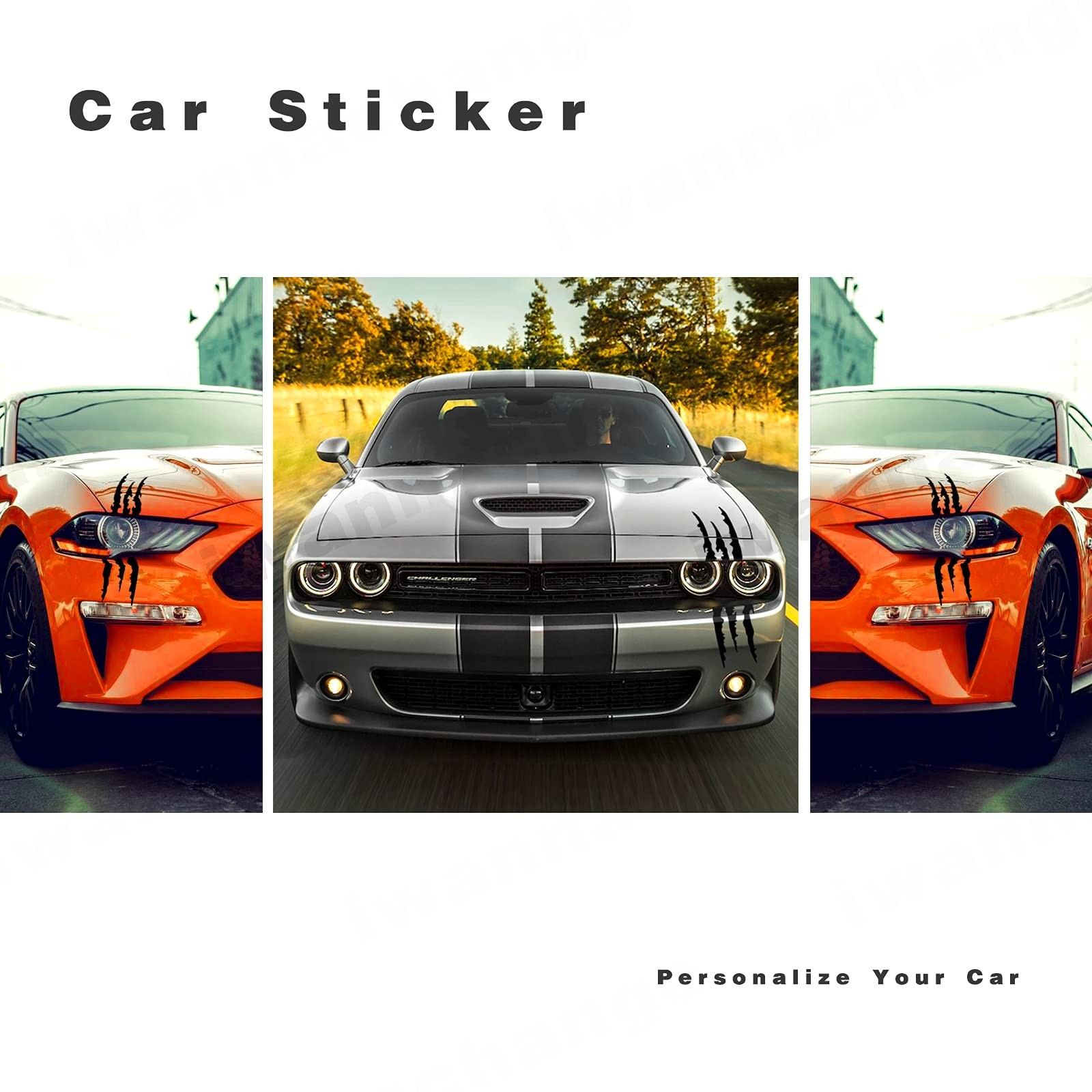 2pcs Monster Claw Marks Headlight Car Sticker Stripes Scratch Decal Vinyl Black