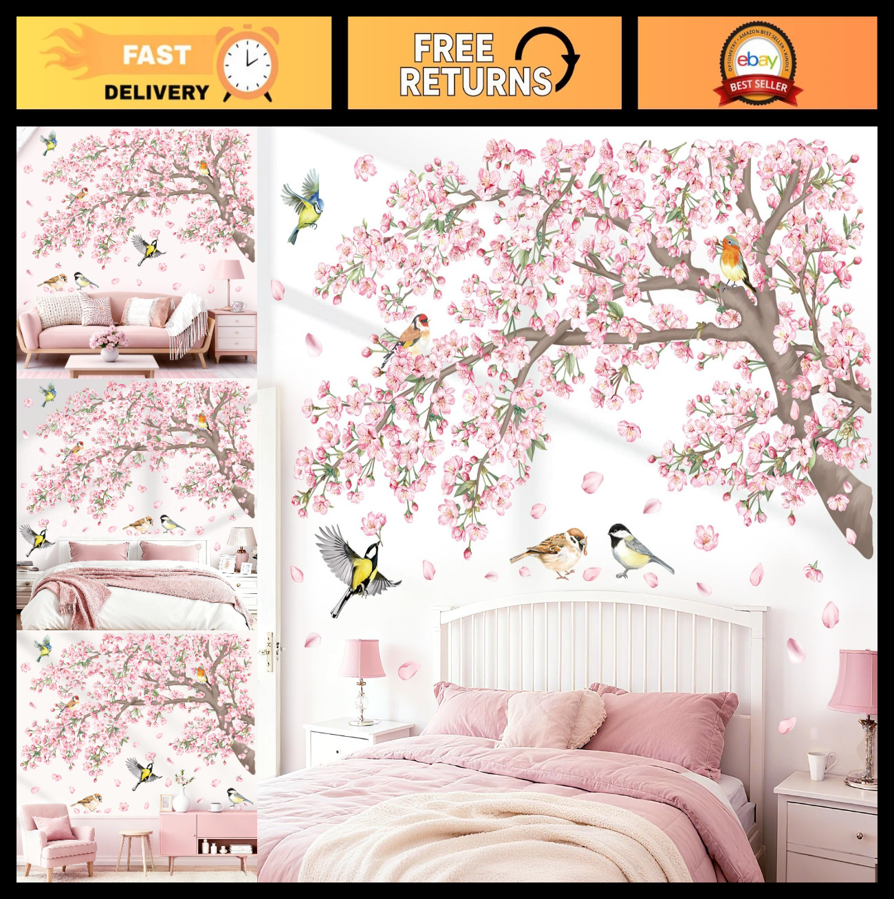 Large Cherry Blossom Tree Wall Stickers – Pink Floral Birds Decals for Nursery &