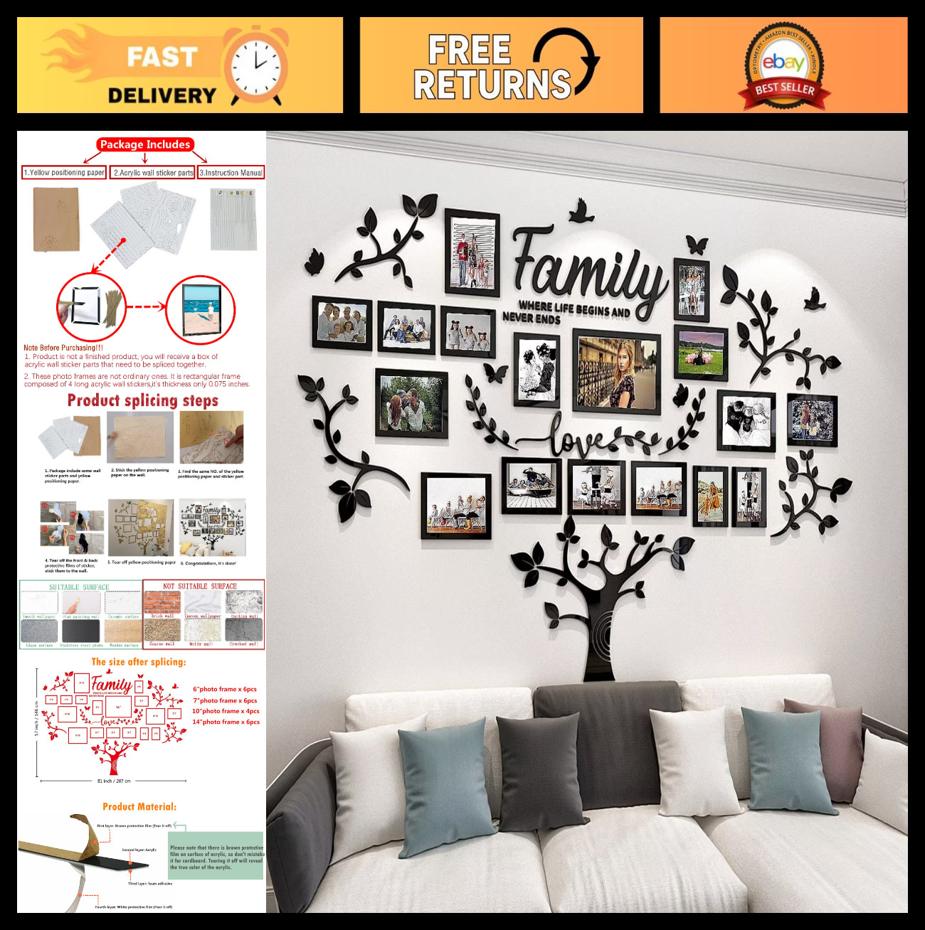 3D Family Tree Wall Decor Sticker – DIY Picture Frames Collage for Living Room