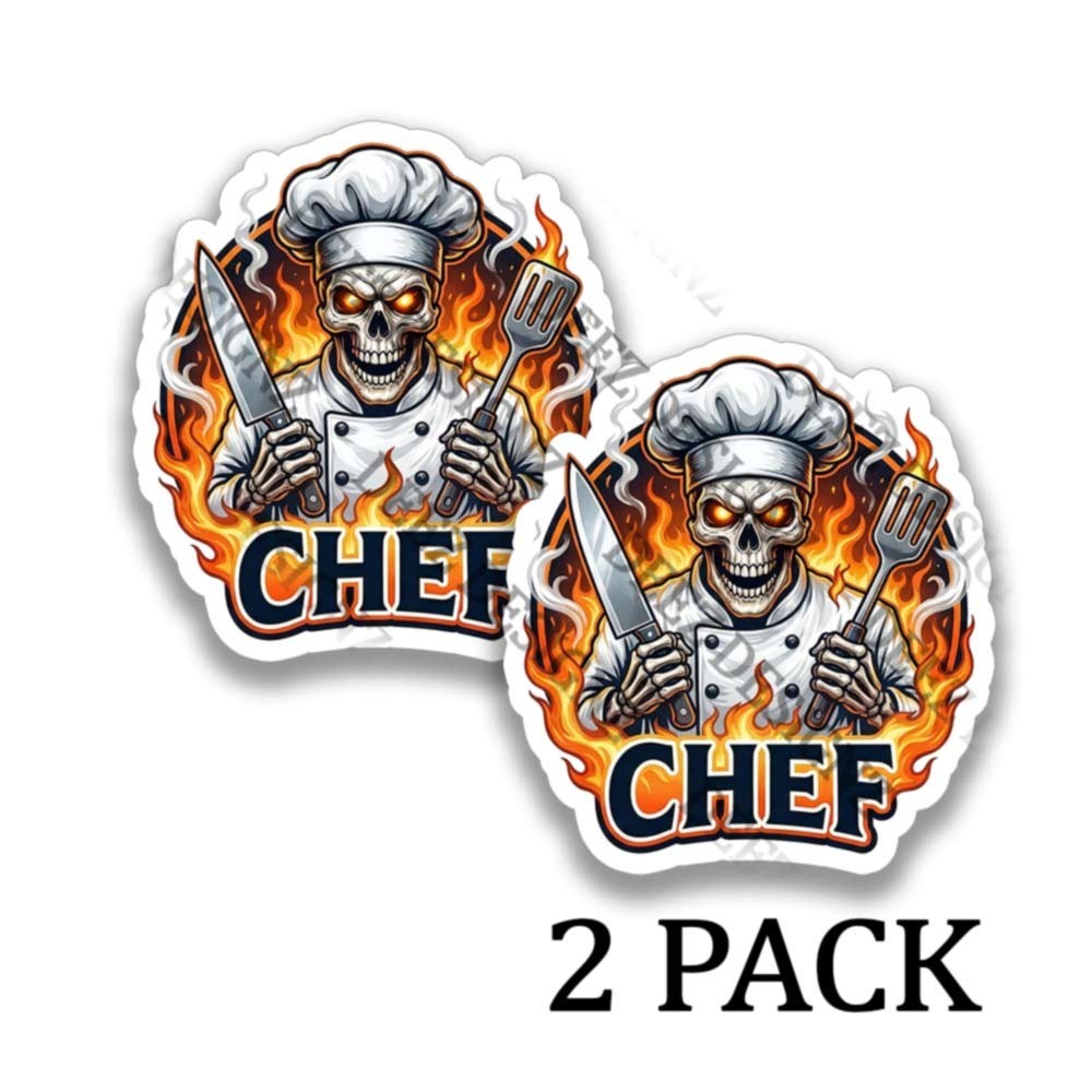Chef Skeleton Vinyl Sticker Funny Skull Kitchen Decal for Truck Laptop 2 PACK
