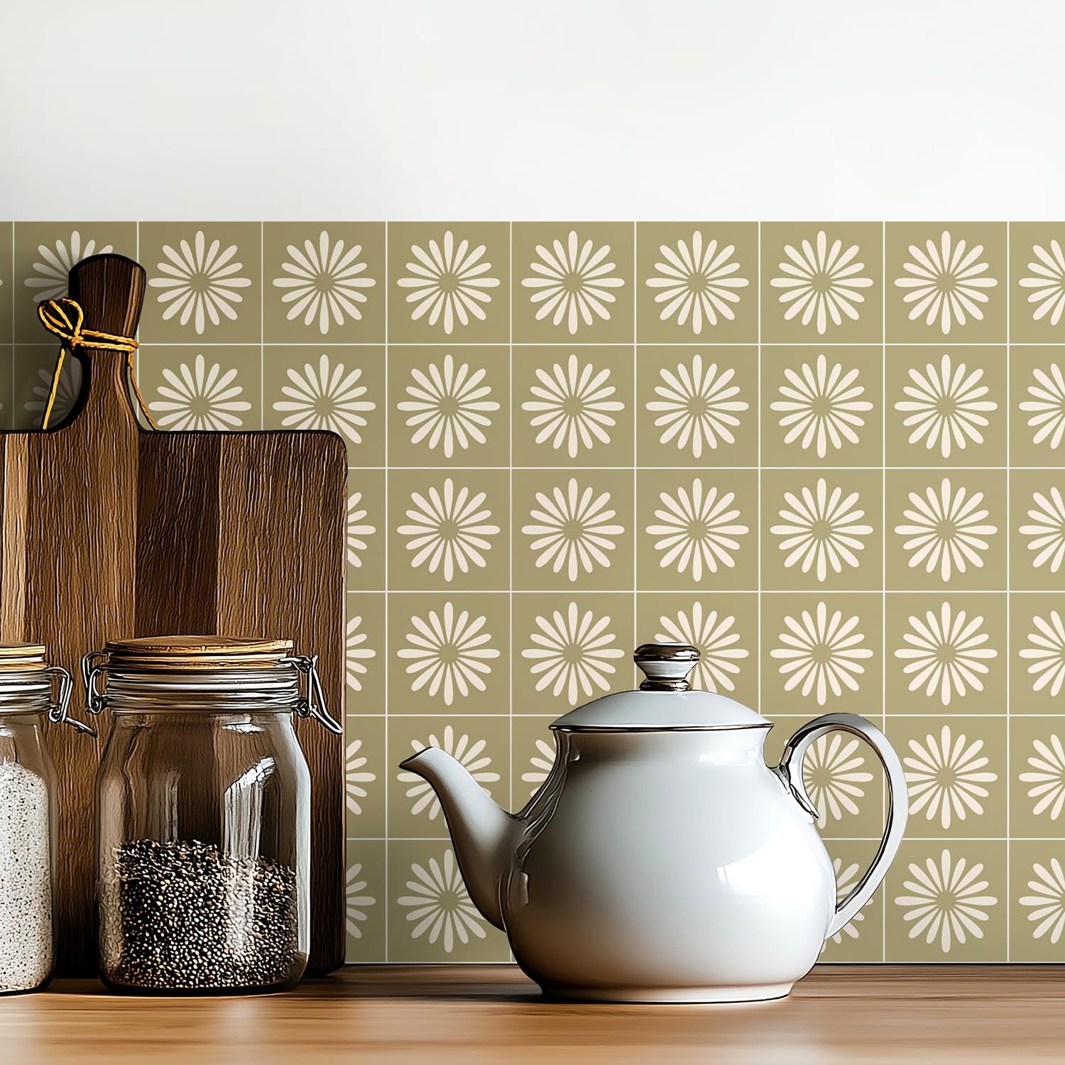 30 Pack, 4×4 Inch Sage Green Tile Decals, Mid-Century Modern Floral Peel and …