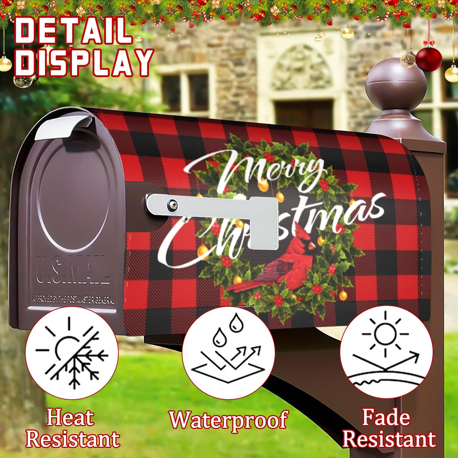 Merry Christmas Magnetic Mailbox Cover – Winter Xmas Wreath Red One Size,
