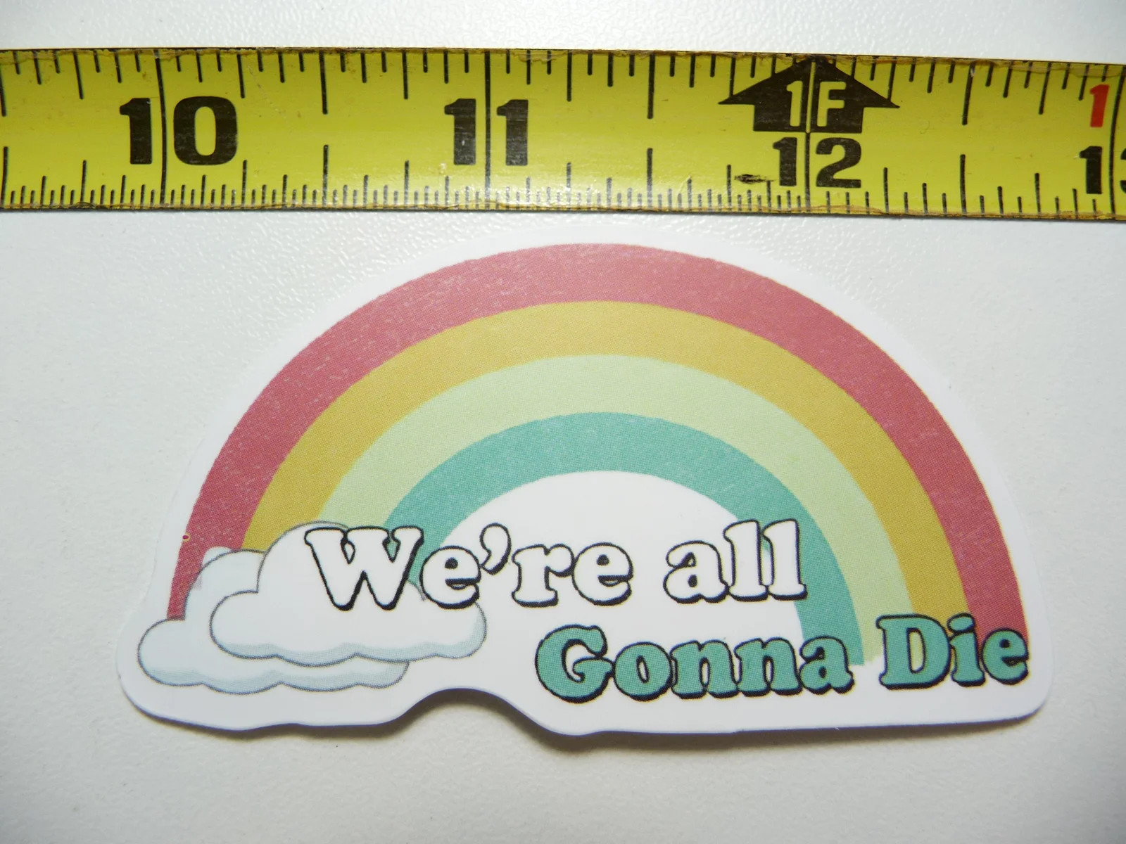 WE'RE ALL GONNA DIE CLOUDS RAINBOW SMALL STICKER DECAL SARCASM SAYING FUNNY