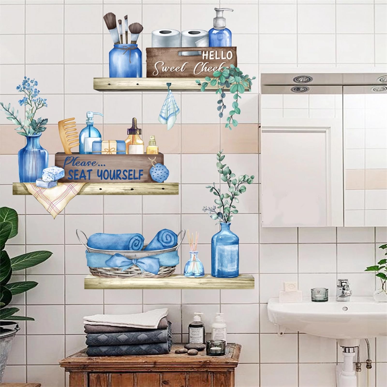 Blue Towel Shelf Wall Stickers, sacinora Cosmetic Brush Organizer DIY