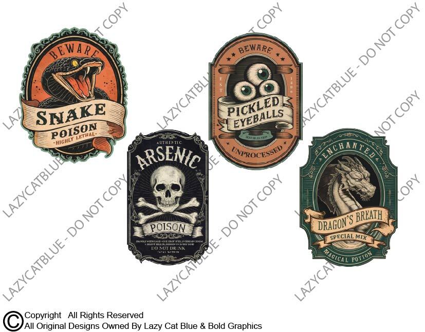 Apothecary Bottle Labels Decal Stickers Setof 4 Poison Witch Halloween Goth Core