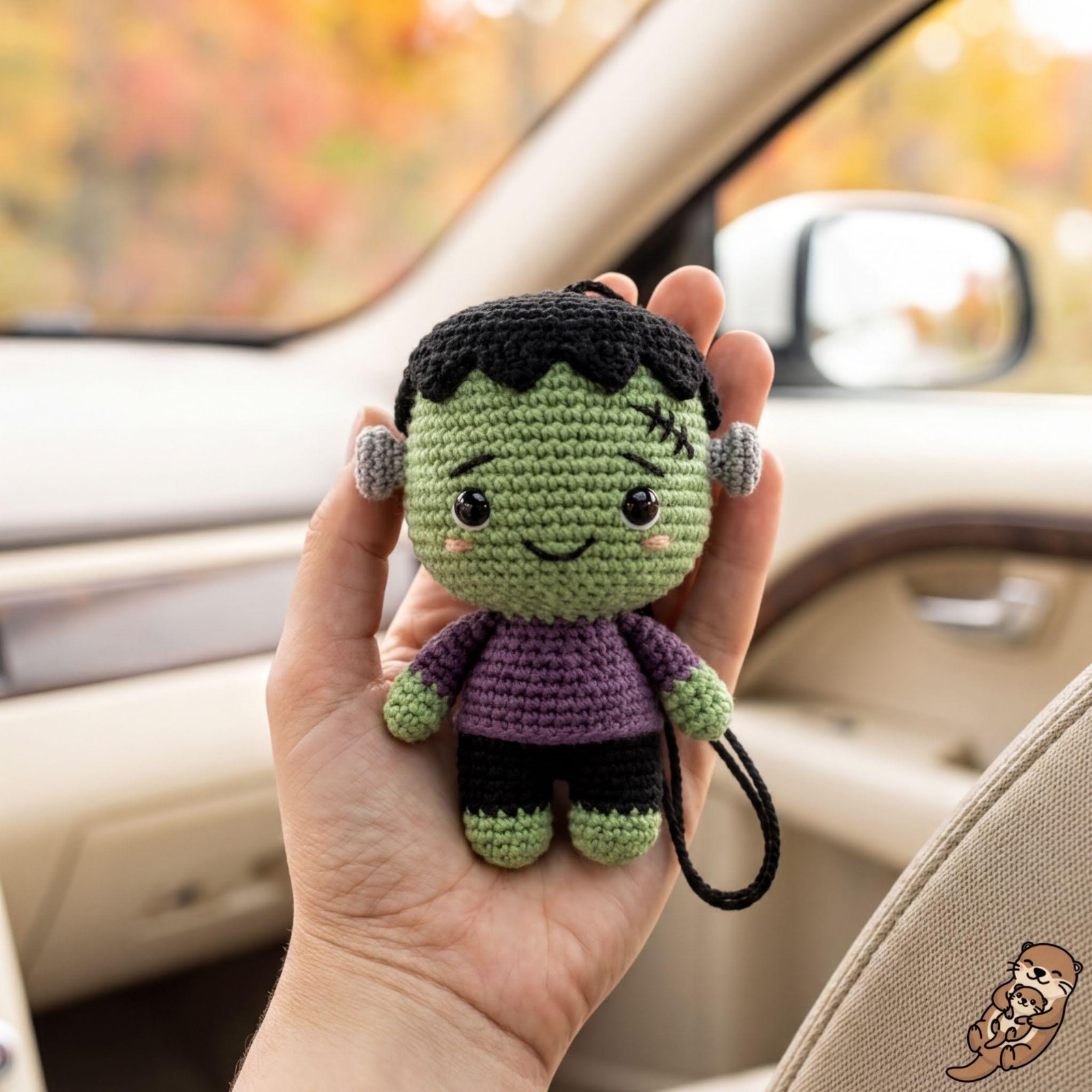 Handmade Frankenstein Crochet Car Charm, Green Monster Halloween Decor