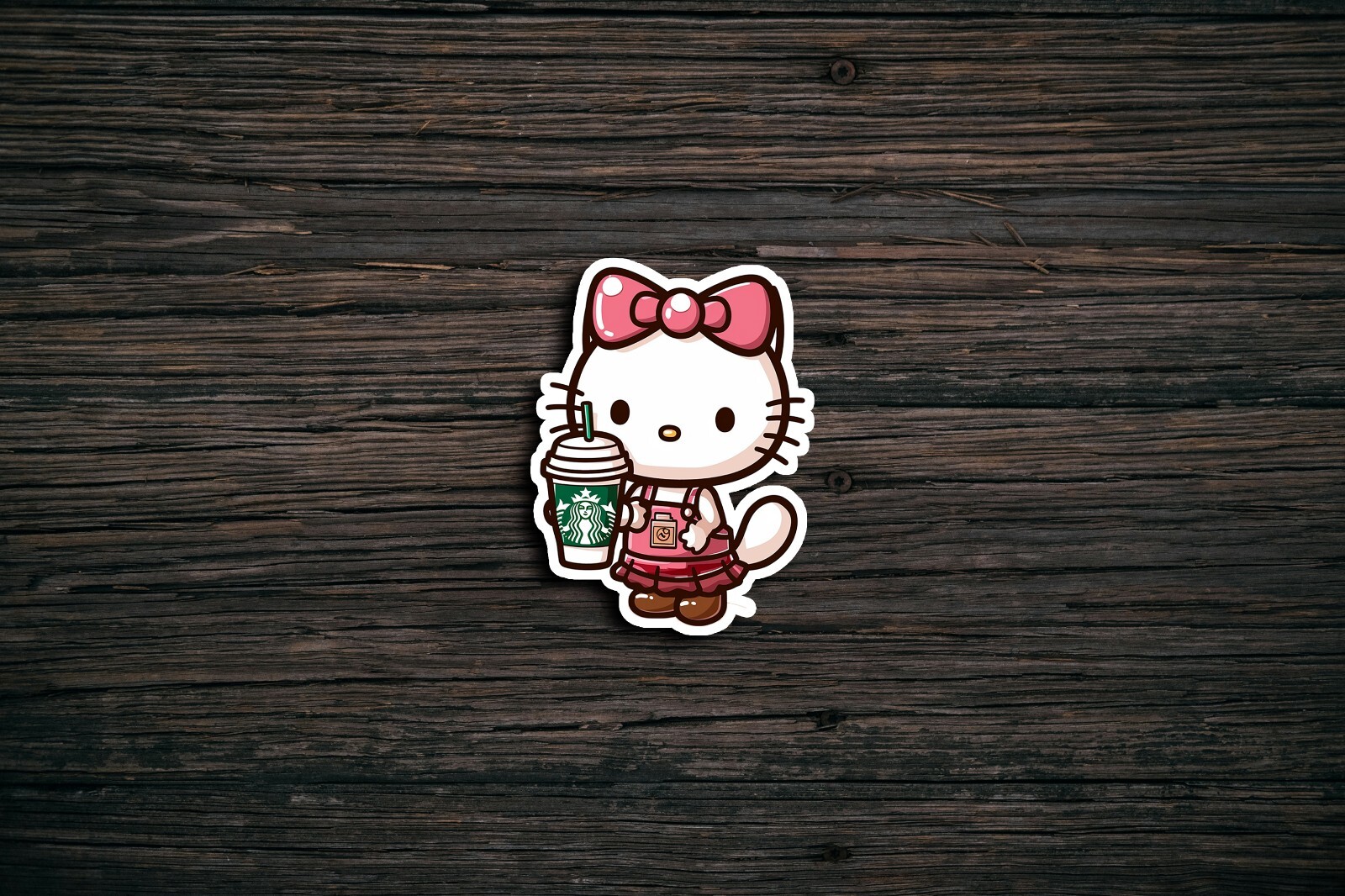 Kitty with Starbucks Sticker, Cute, Waterproof, Laptop, Water Bottle, Die Cut