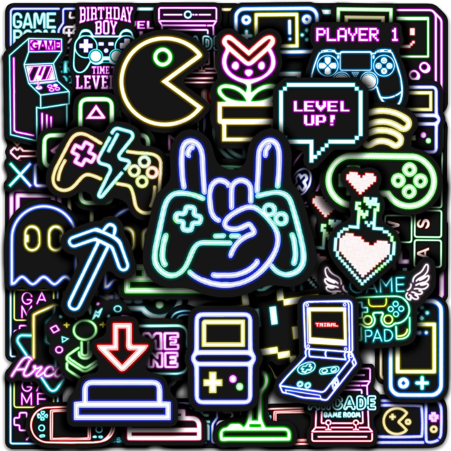 51 Pcs Neon Game Stickers for Kids Glow in the Dark, Gamer Inspirational Sticker