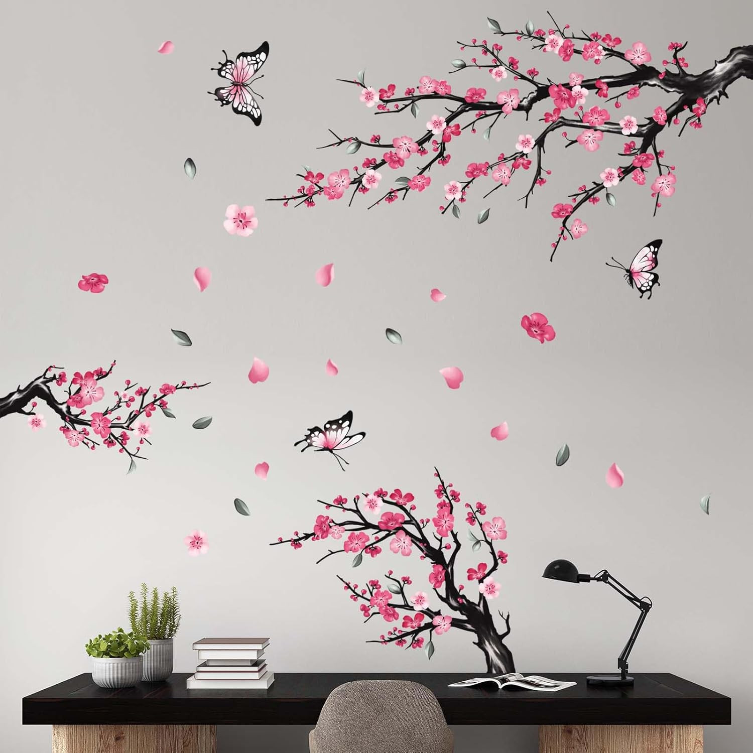 Pink Cherry Blossom Wall Stickers Tree Branch Birds Floral Decals Home Decor