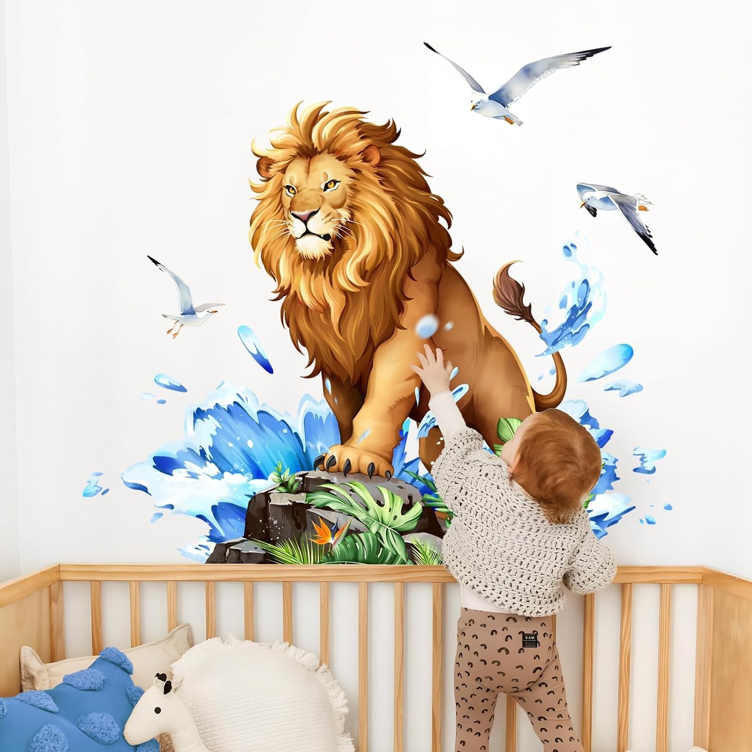 Lion Wall Decals Safari Animal Wall Sticker with Leaves Waves | Peel and Stic…