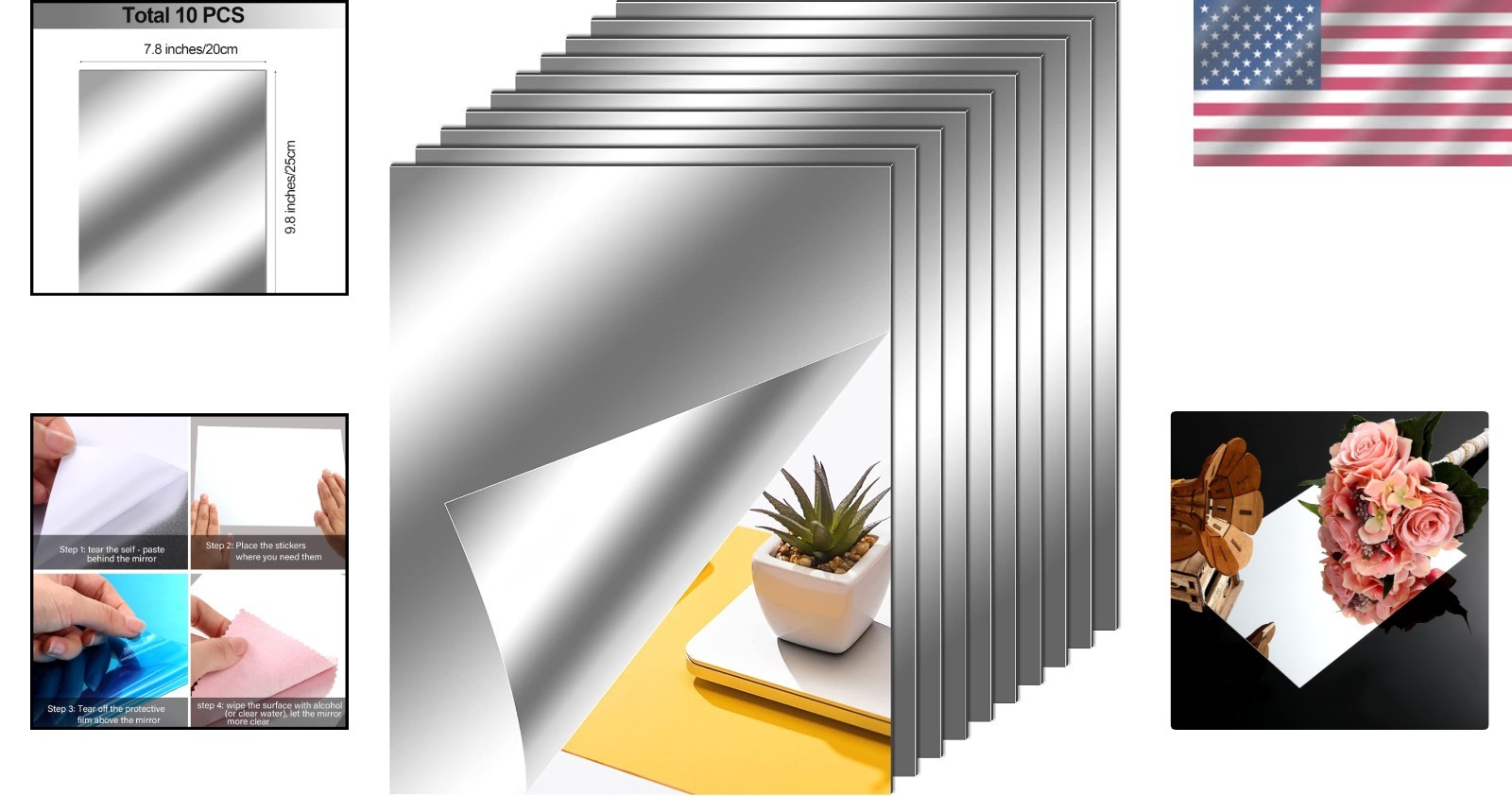 10-Pack Self-Adhesive Flexible Mirror Sheets for Elegant Wall Decor – 8×10 in