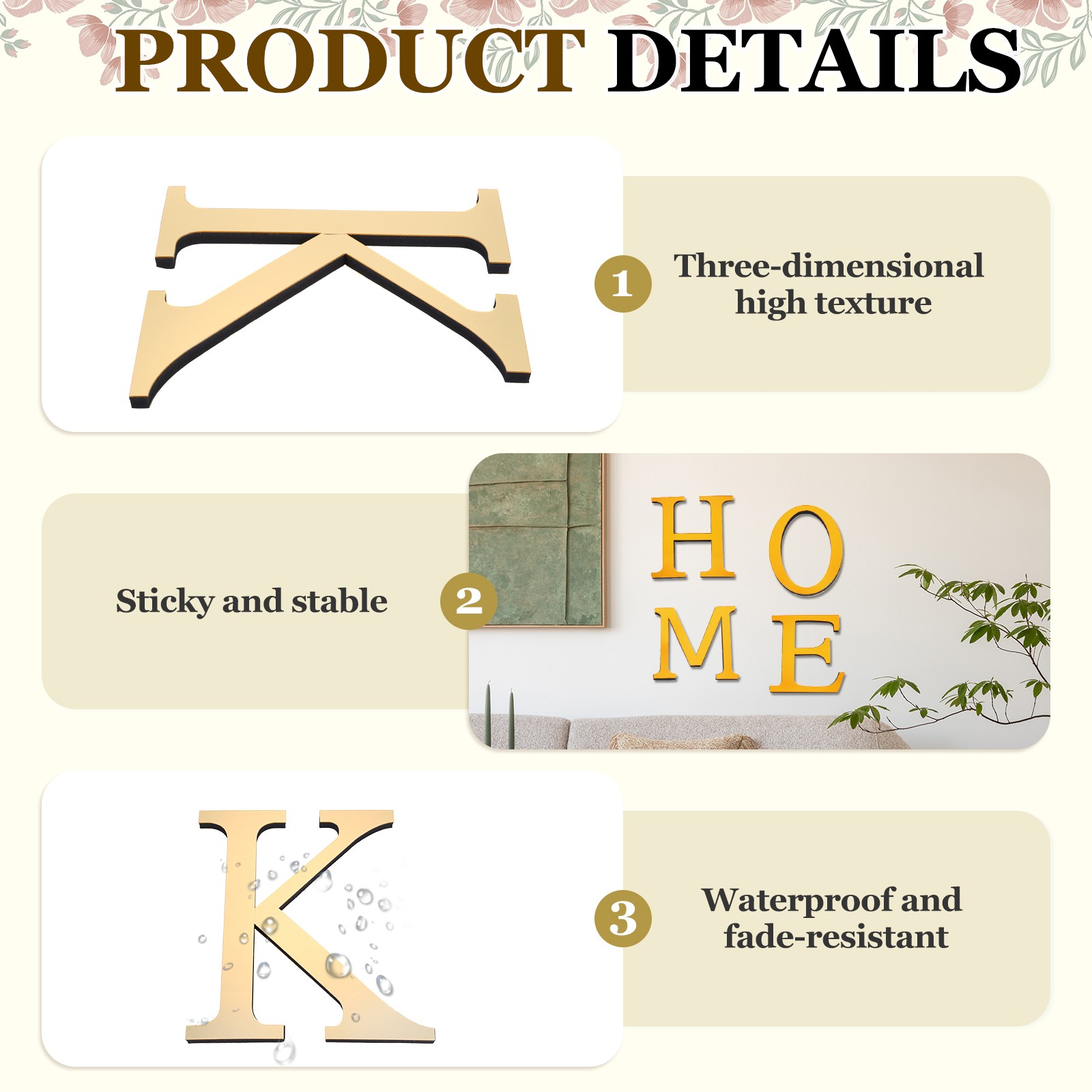 7.87 Inch 3D Acrylic Alphabet Mirror Wall Stickers Letter K Light Gold