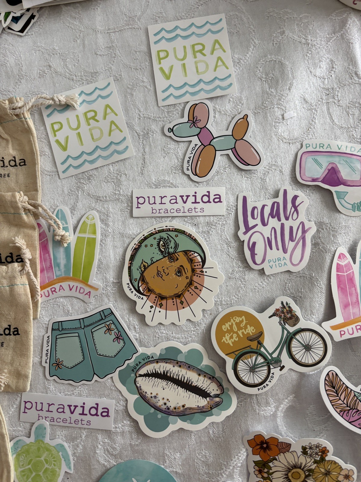 Pura Vida Sticker Lot Of 20 Logo Beach Island Themed and 9 bags and box