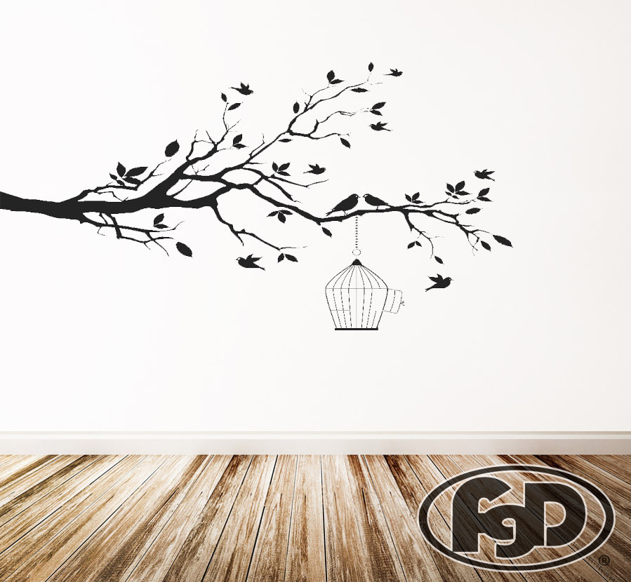 FGD Whimsical Bird Cage & Tree Silhouette Vinyl Wall Decal 20" x 38"