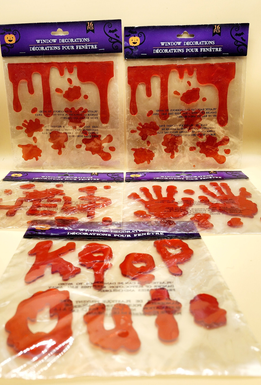 Set of 5 Halloween Bloody Drips Gel Stickers Clings Party Decor Hands Help, NEW
