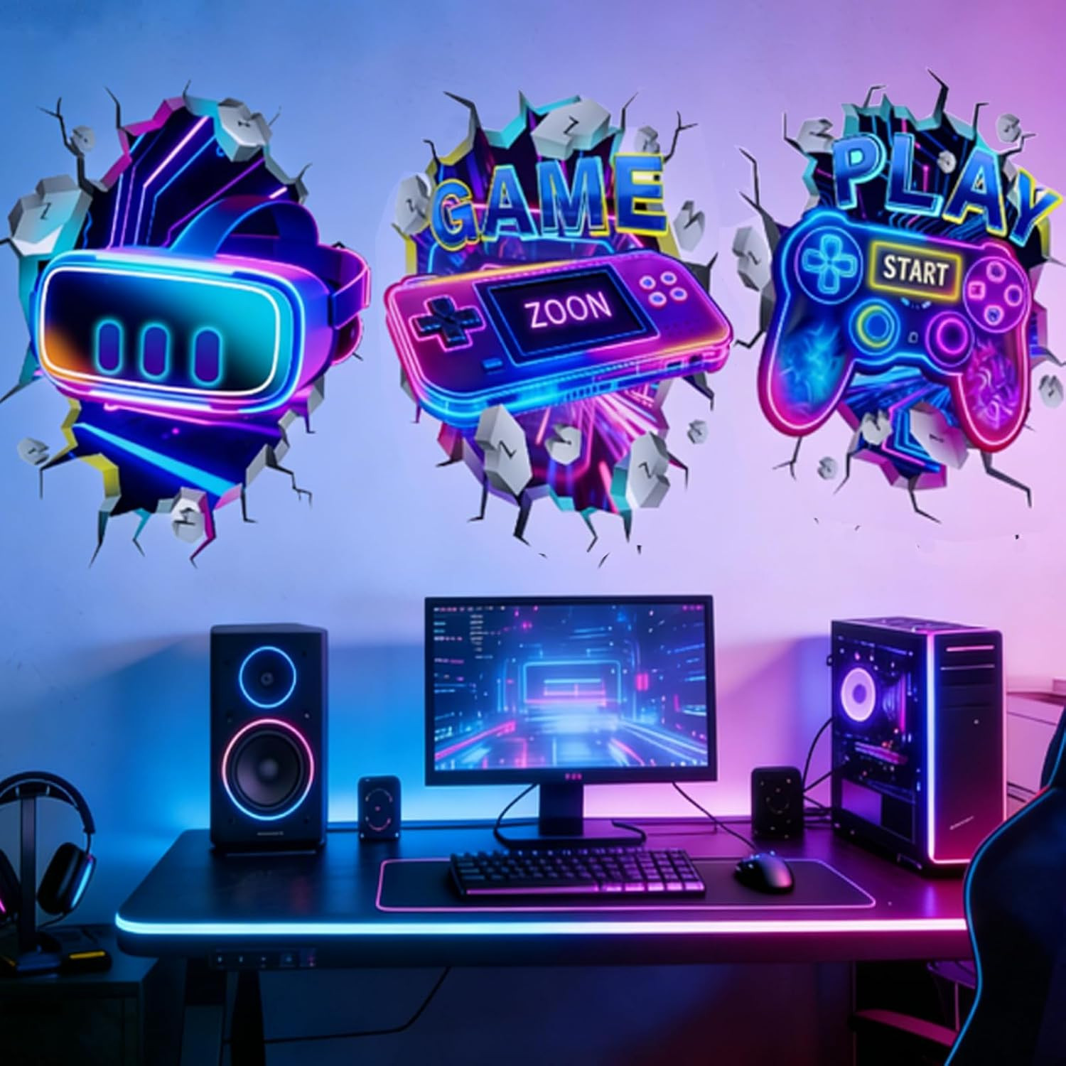 3D Game Room Decor Gaming Room Wall Decals Colorful Gamer Controller Video Gamin