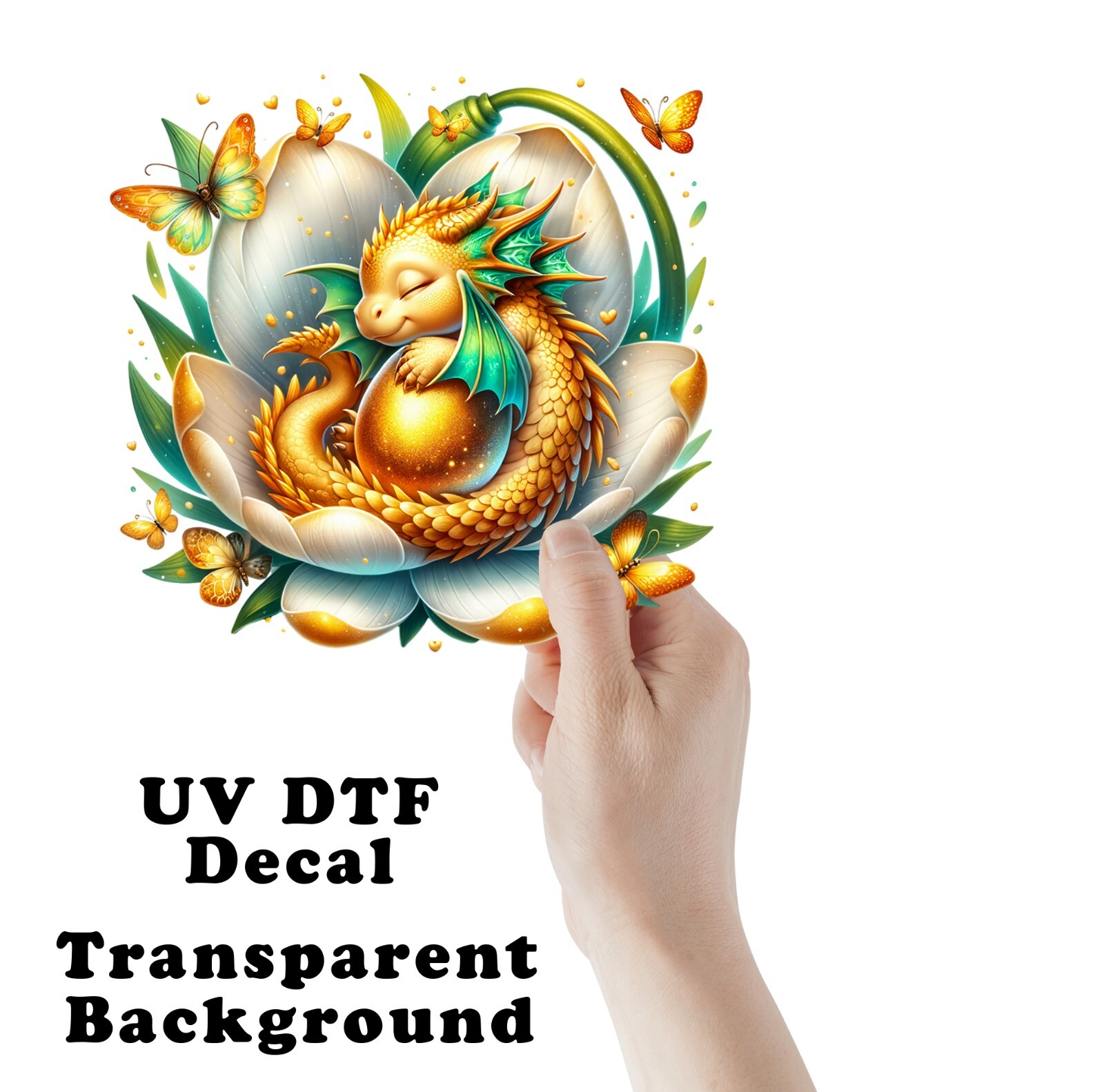 Gold Dragon Sleeping on White Flower UV DTF Transparent Sticker / Decal