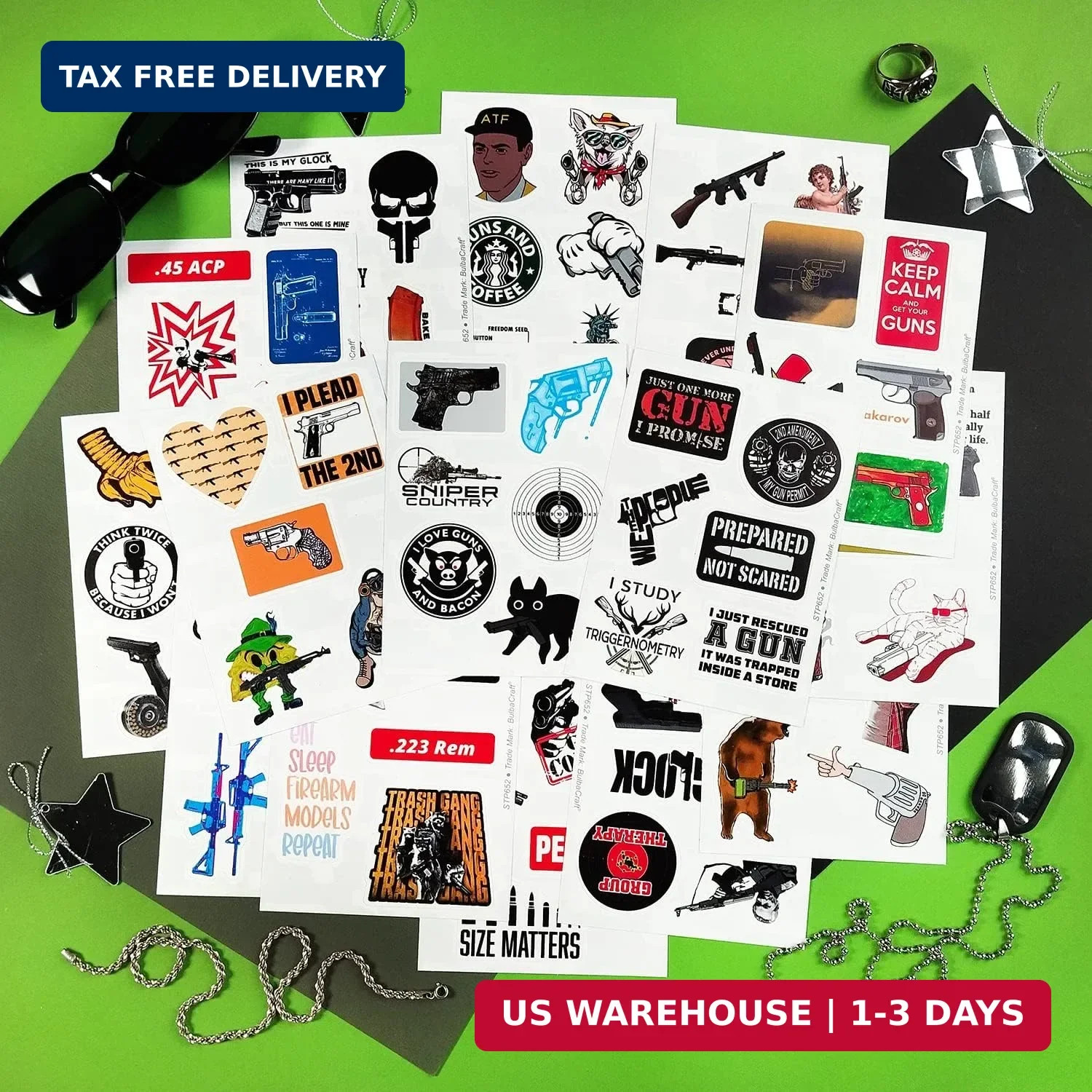 BulbaCraft 100Pcs Funny Gun Stickers, Firearm Stickers, Guns and Ammo Decals, Ta