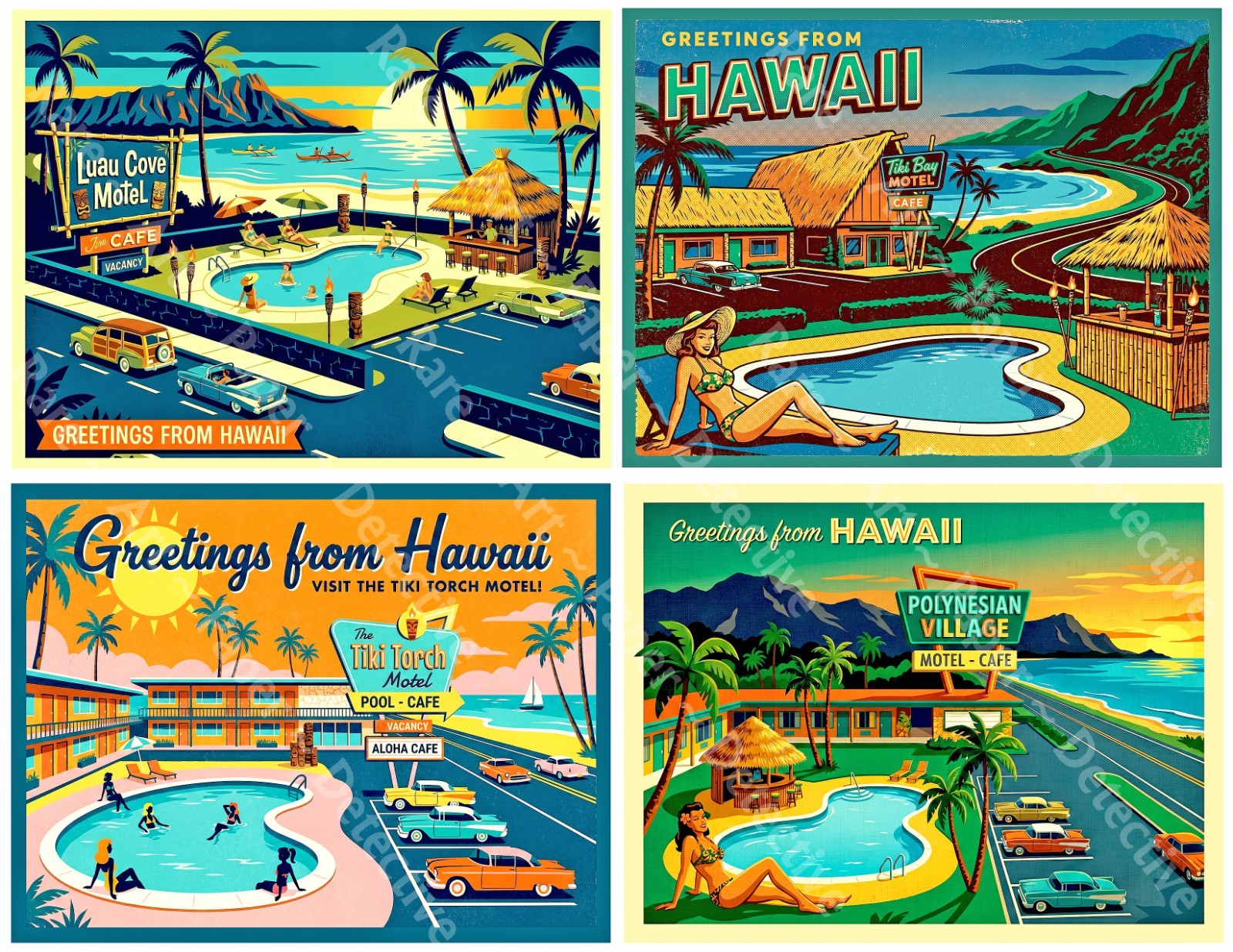Hawaii Luggage Label Stickers, Mid-Century Modern, 4 Labels on 1 Sheet, 1533