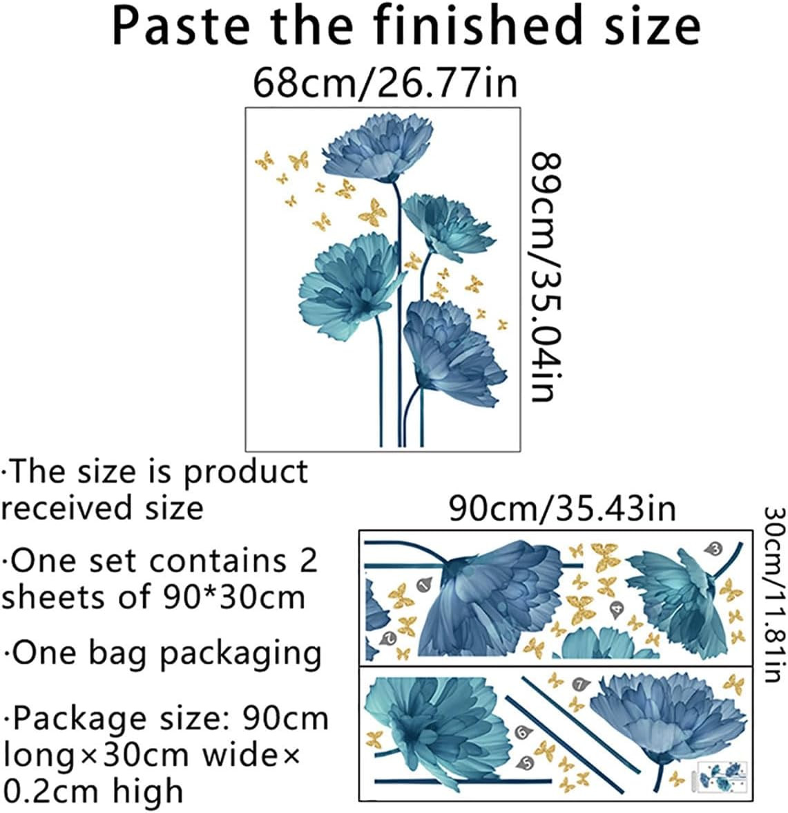 Large Blue Flower and Butterfly Wall Decals for Home Decor