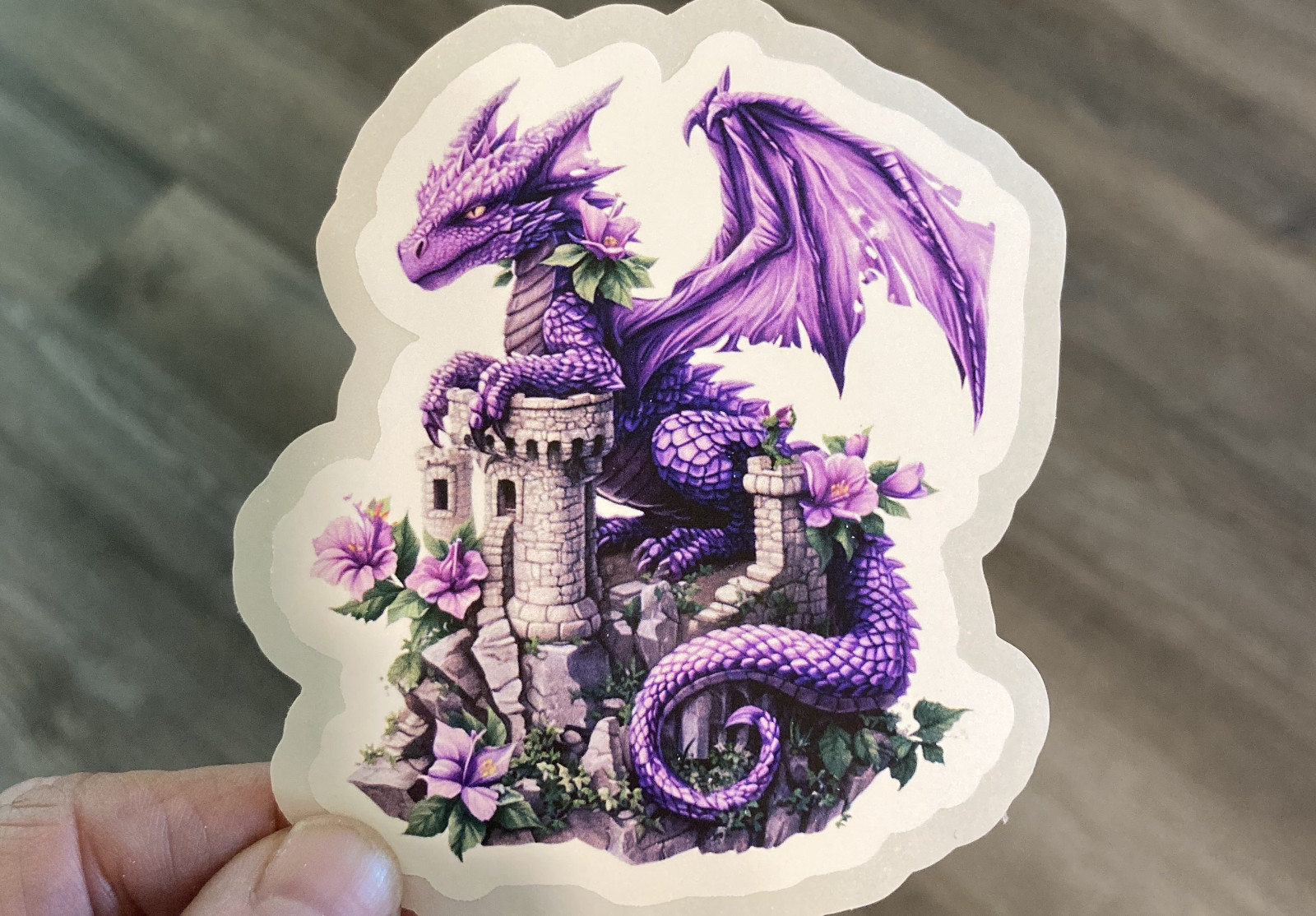 Vinyl Water Resistant Sticker Mystical Purple Dragon on a castle Sticker Decal