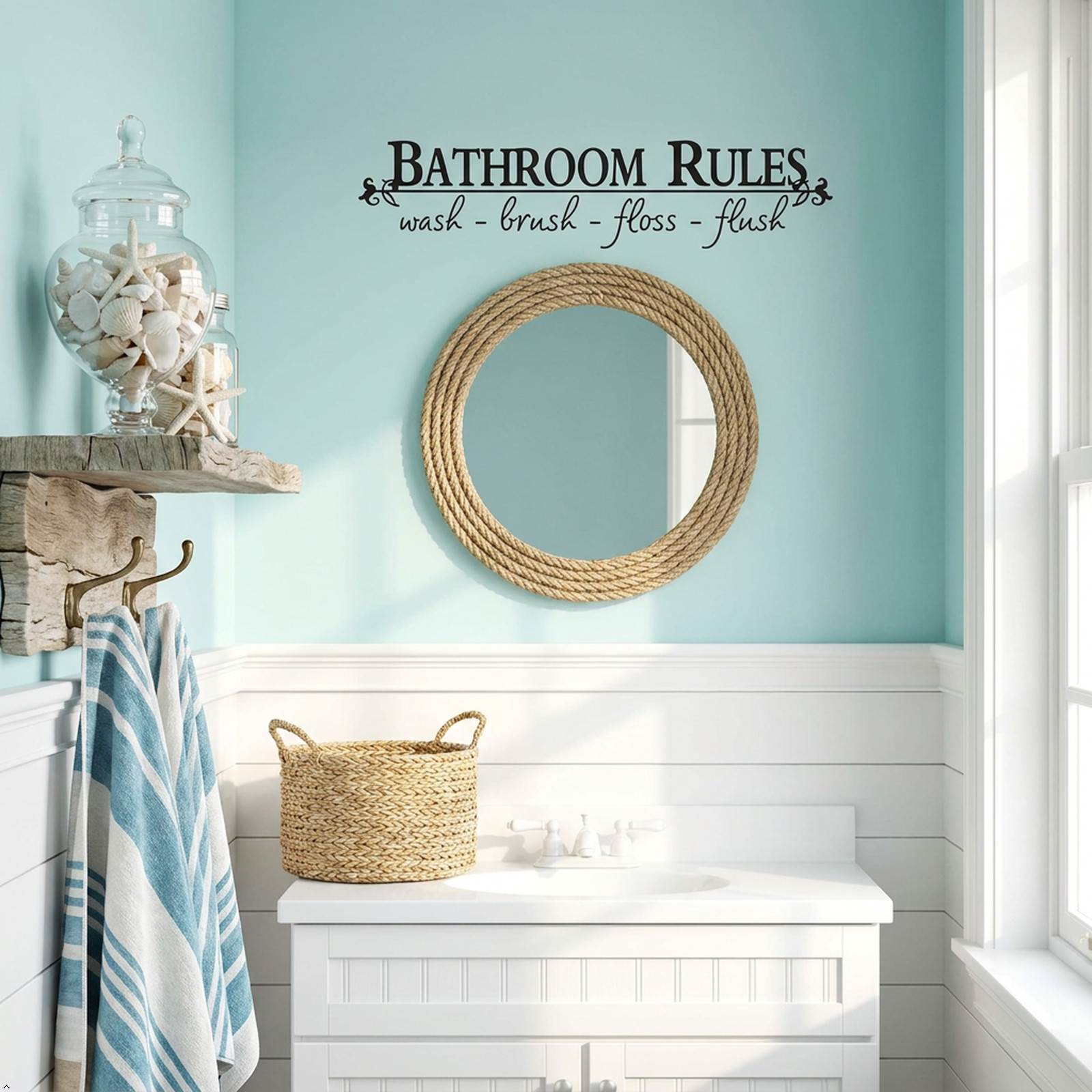 Bathroom Rules Wash Brush Floss Flush Quote Saying Wall Sticker Home Decal Decor