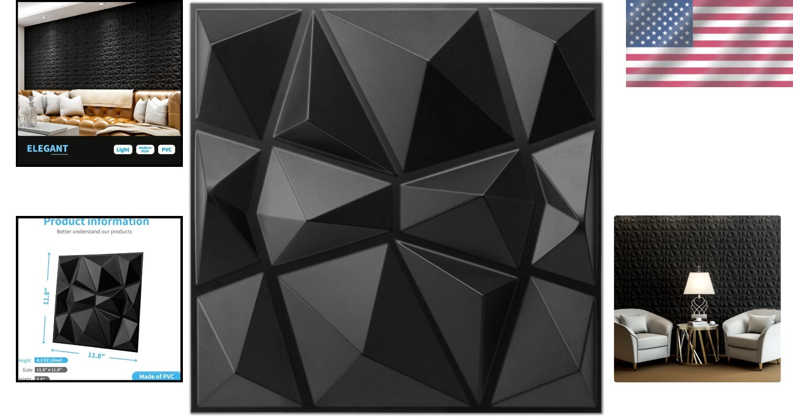 Elegant 3D Wall Panels in Diamond Design – Matt Black Art Deco 33 Pack