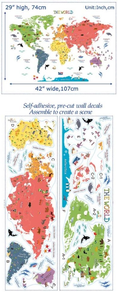 Removable World Map Wall Stickers with Animals – Perfect for Children's Spaces