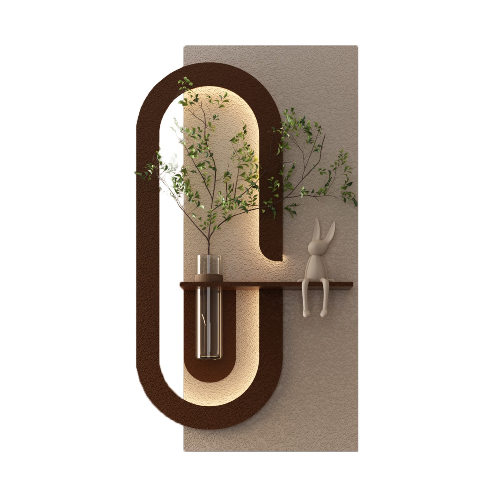 3-Color LED Sandstone Wall Art with Plants, Vase & Rabbit Statue, Remote Light