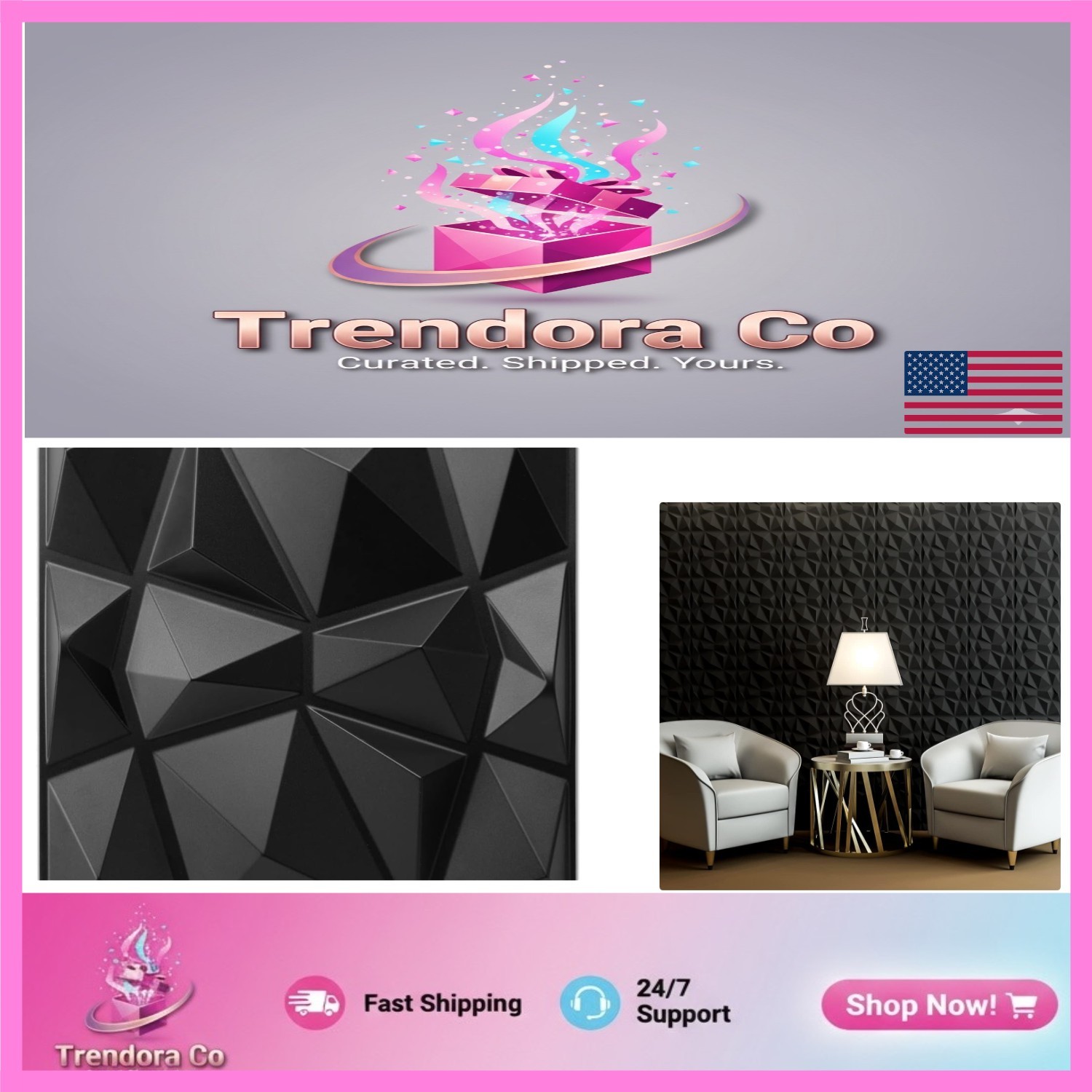 Elegant 3D Wall Panels in Diamond Design – Matt Black Art Deco 33 Pack